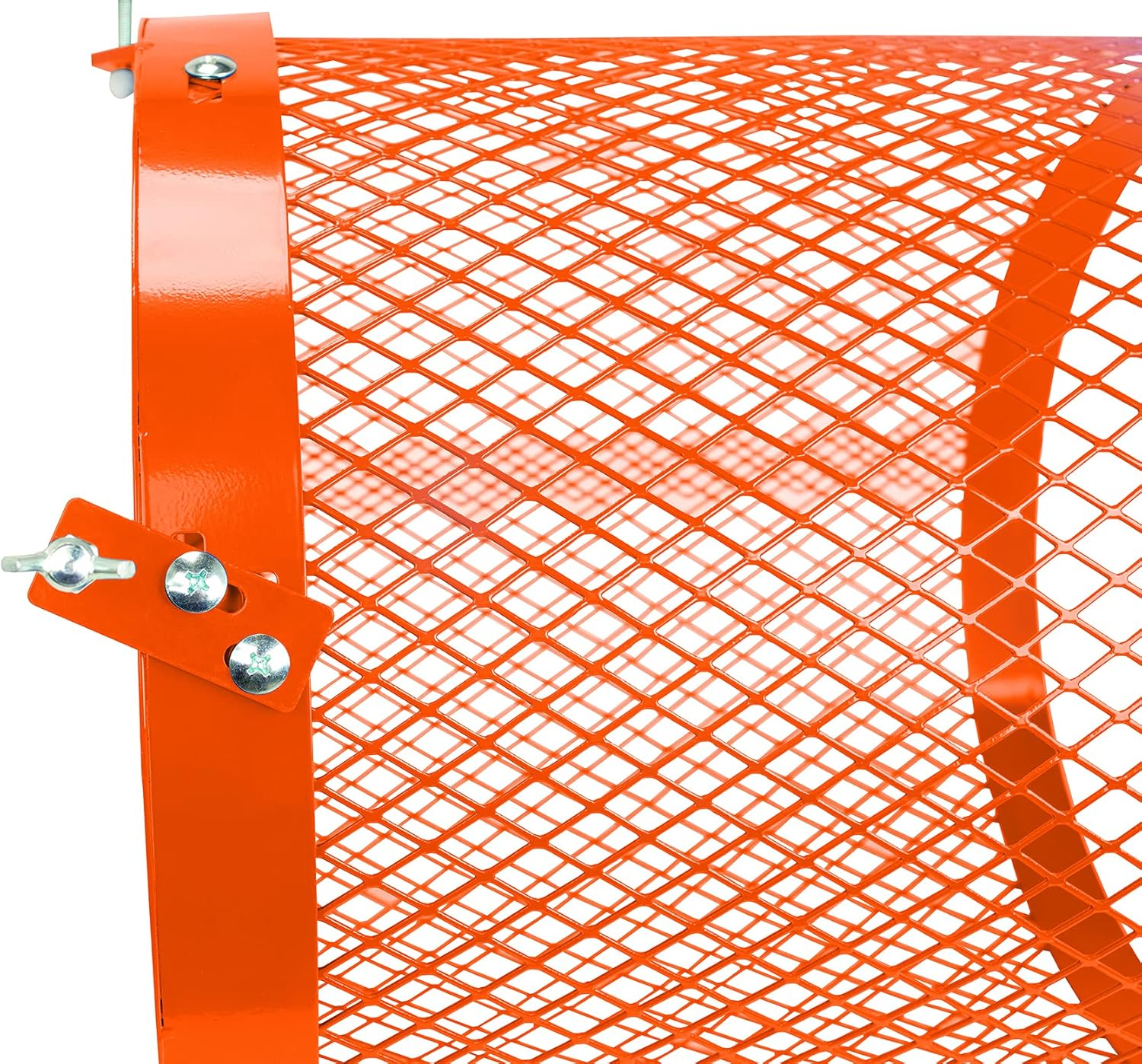 Nahaufnahme einer runden, orangefarbenen Metalltrommel mit Drahtgitterstruktur gegen weißen Hintergrund.