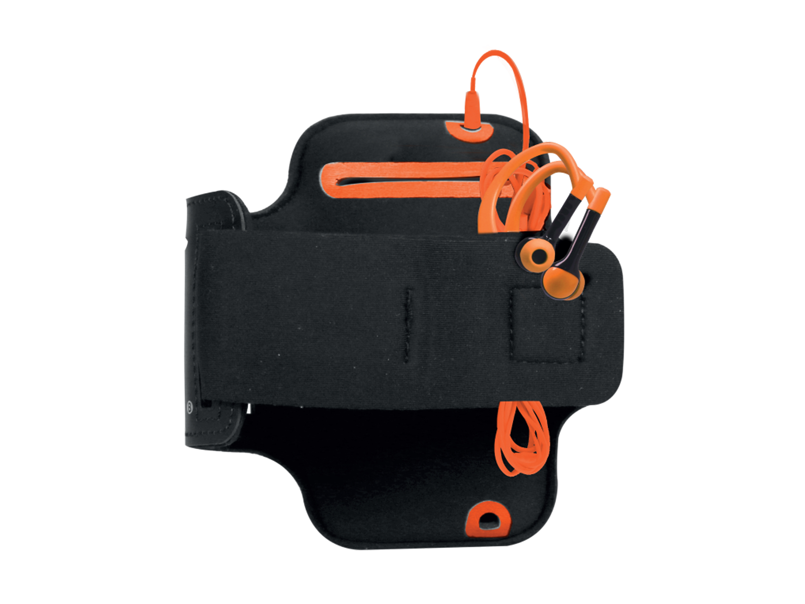 Brazalete deportivo negro con detalles naranjas y auriculares.
