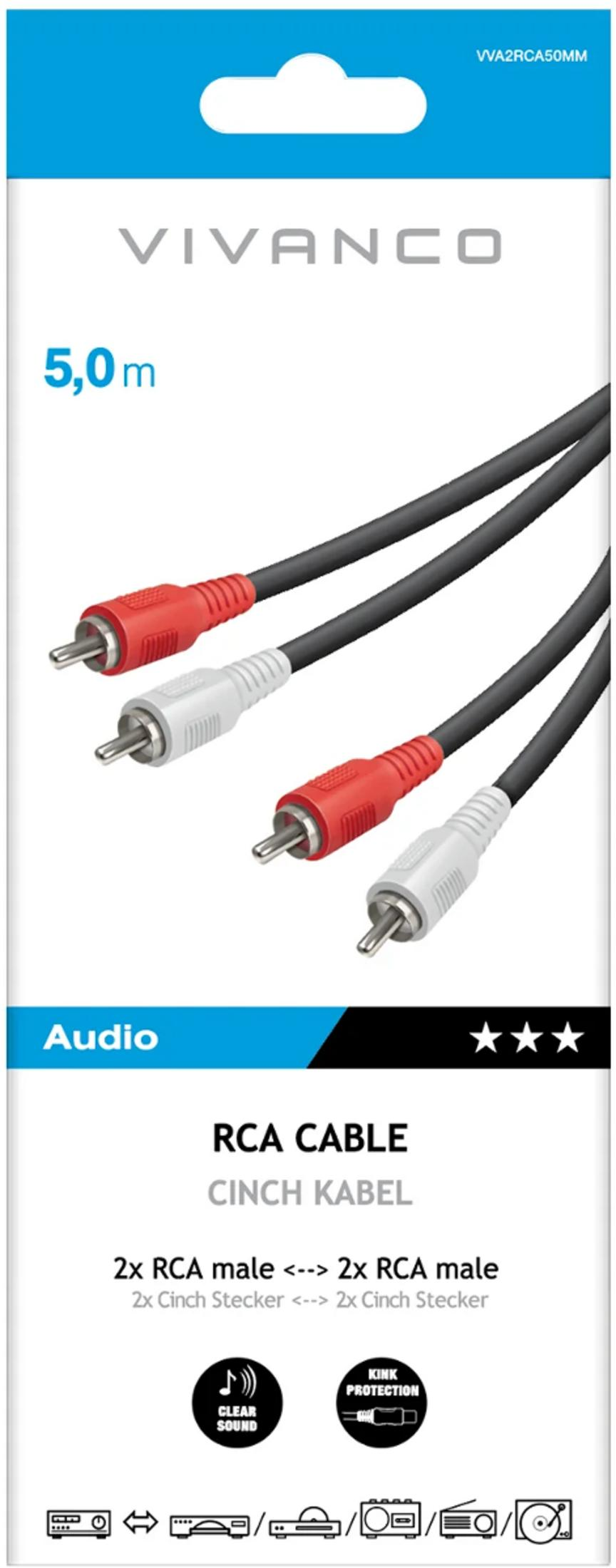 Cable de audio RCA Vivanco, 5,0 m, con dos conectores rojos y dos blancos en su envoltorio.