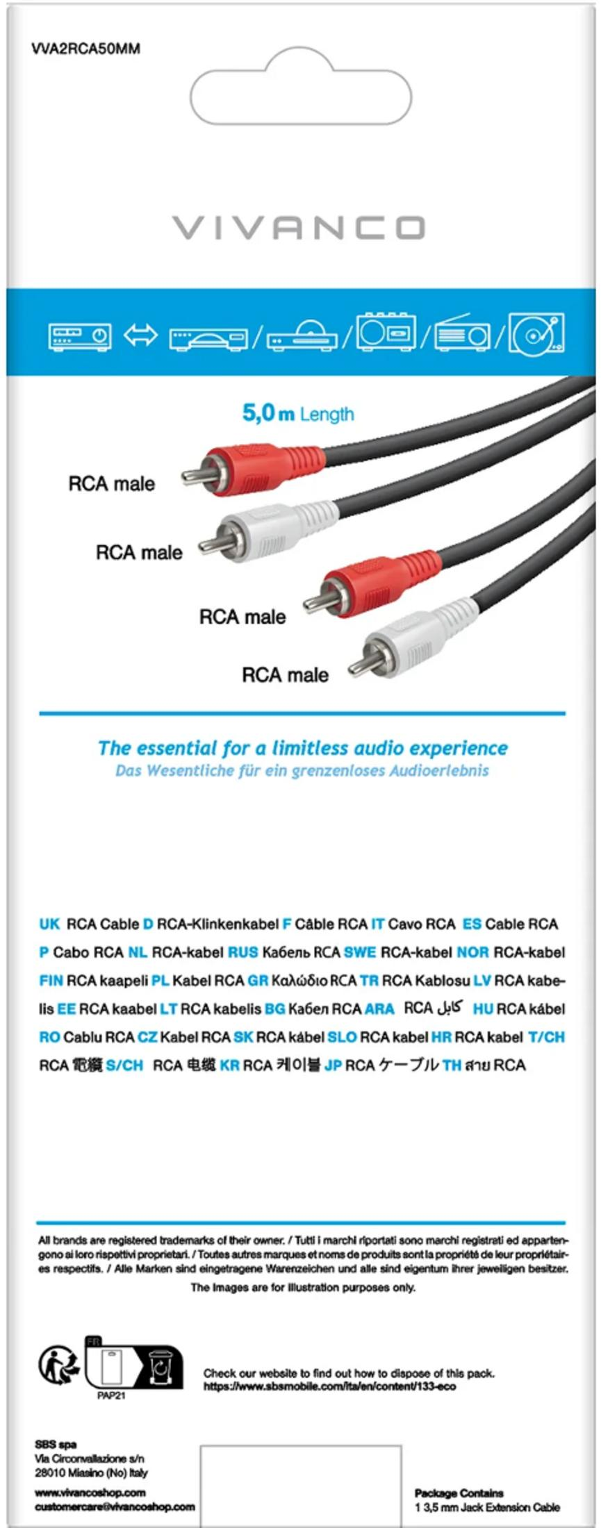 Empaque de producto para un cable RCA Vivanco con ilustraciones de conectores y detalles técnicos.