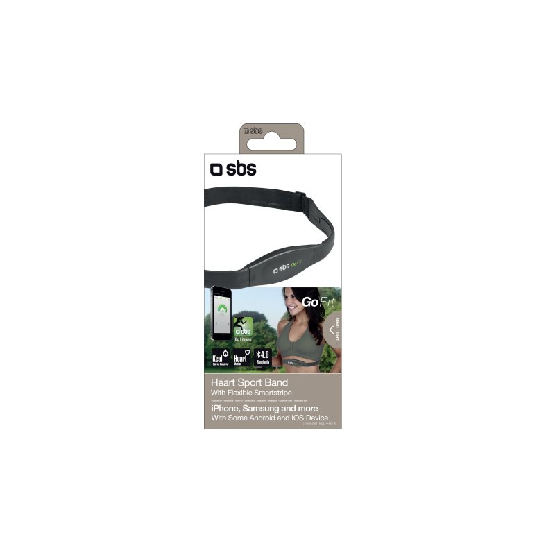 Embalaje de una cinta deportiva de frecuencia cardíaca SBS GoFit negra con detalles de compatibilidad.