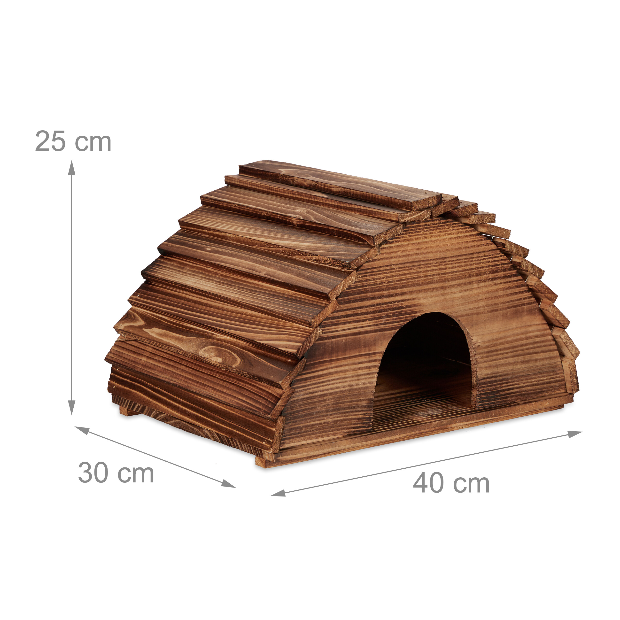 Ein hölzernes Haustierhaus mit Maßen von 40x30x25 cm auf weißem Hintergrund.