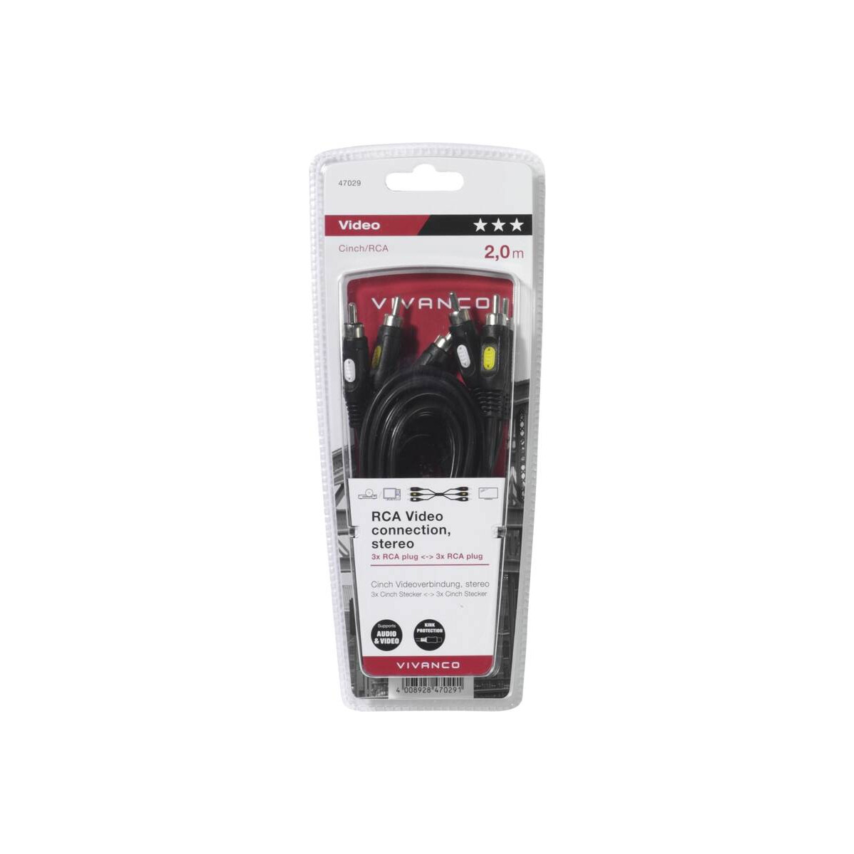 Un cable de audio y video RCA negro de 2 metros en un blíster blanco con detalles en rojo.
