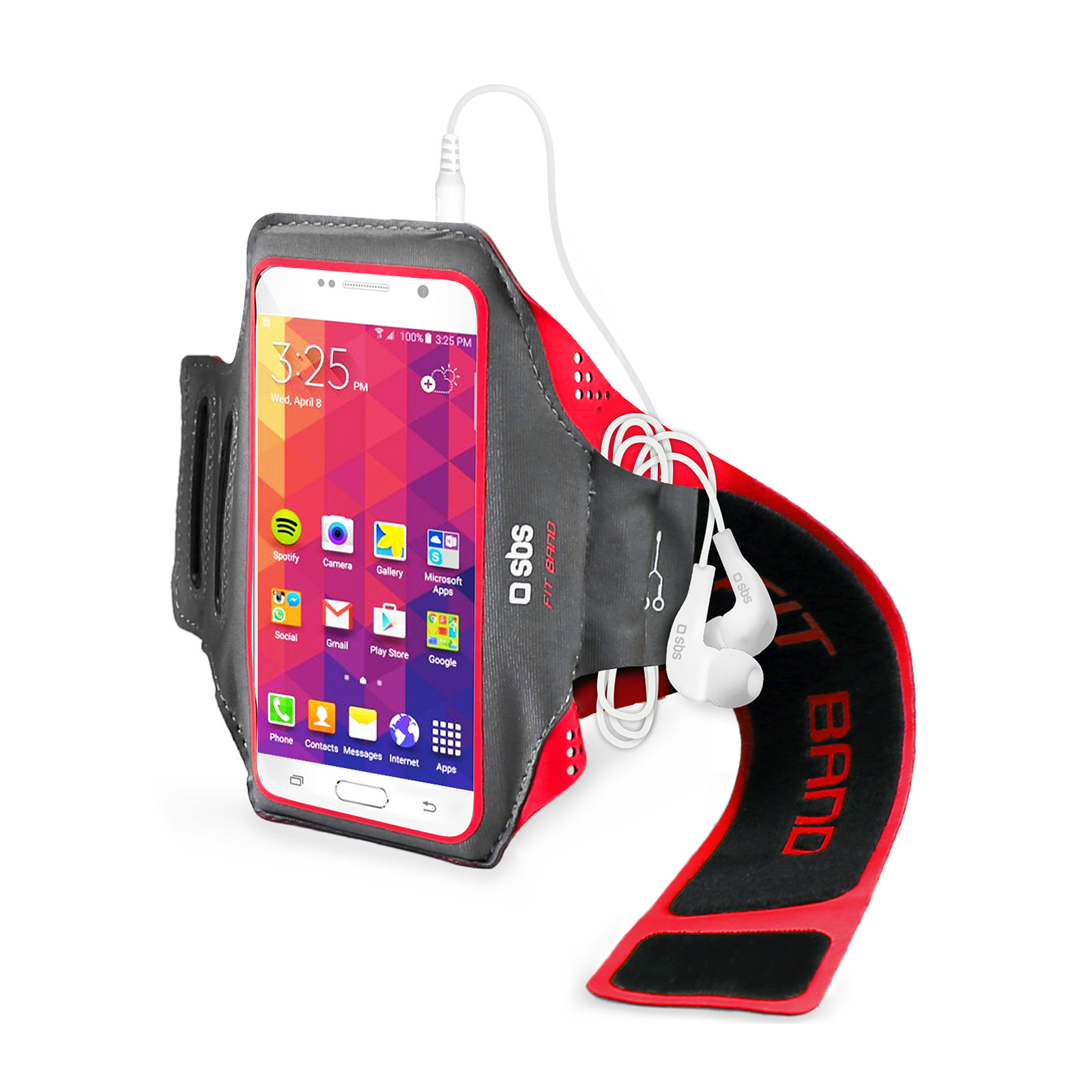 Brazalete deportivo gris y rojo con un teléfono inteligente y auriculares conectados.