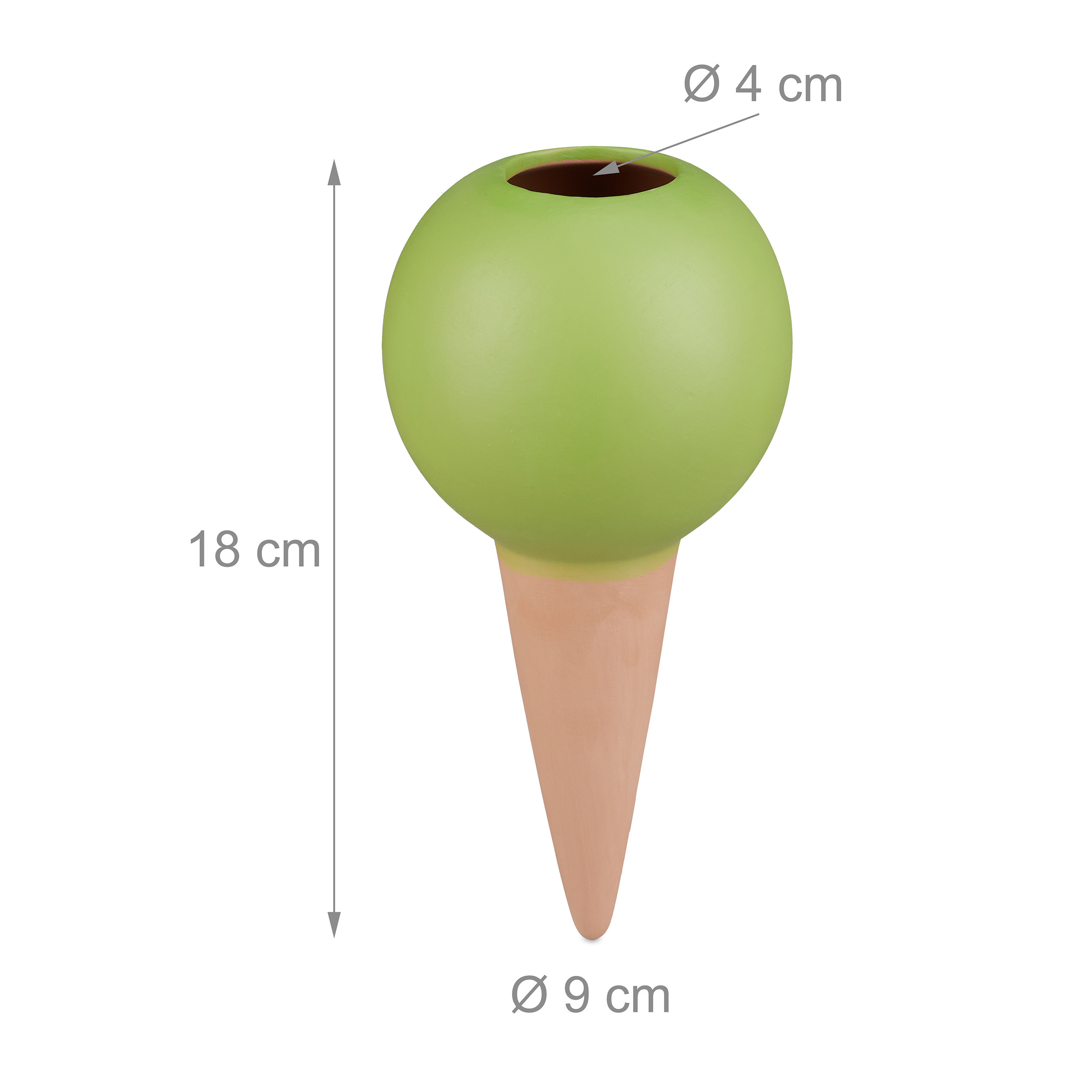 Grüner und terrakottafarbener Bewässerungskegel in Eistütenform mit 18 cm Höhe und 9 cm Breite.