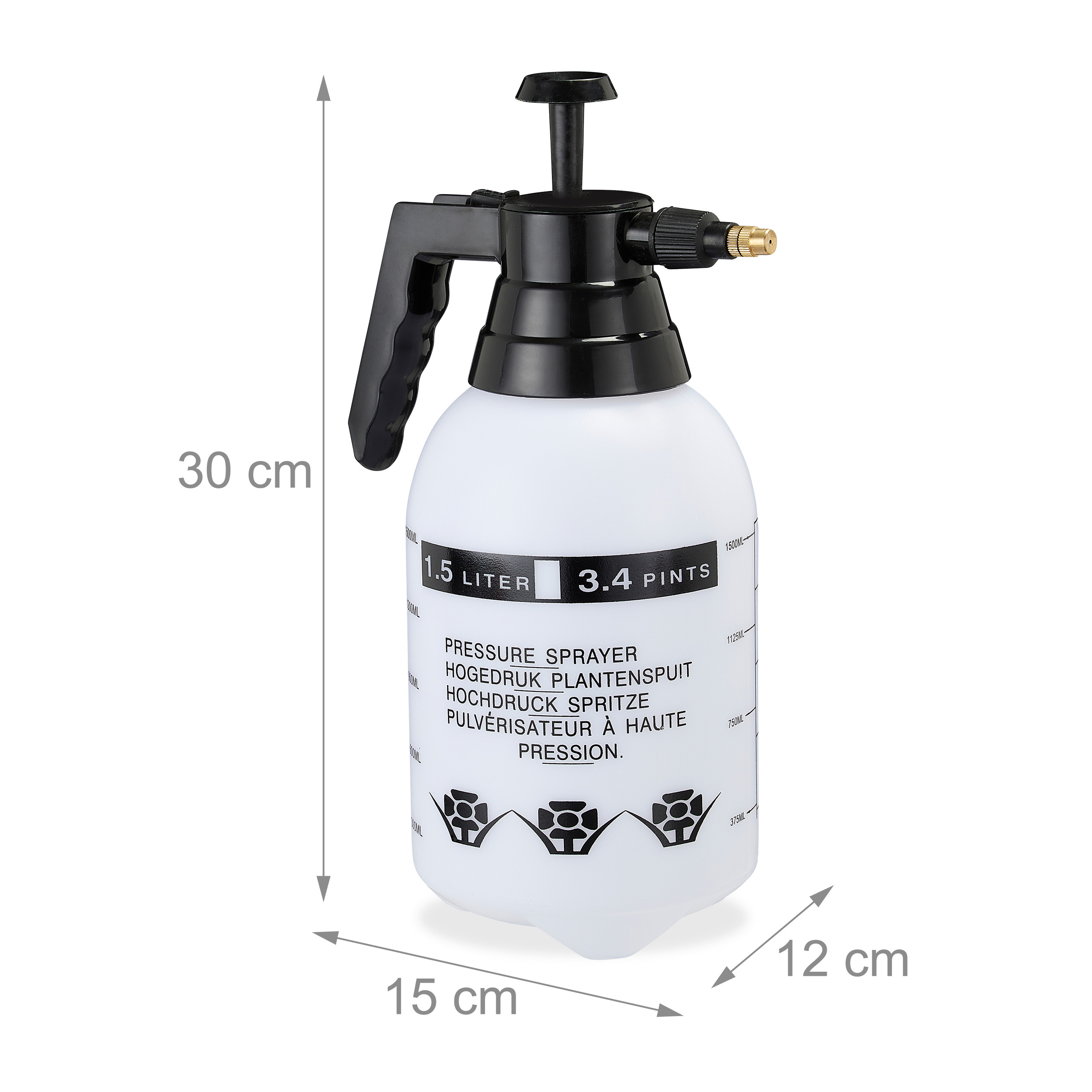 Ein 1,5L Drucksprüher in Weiß und Schwarz mit den Maßen 30 cm Höhe, 15 cm Breite und 12 cm Tiefe.