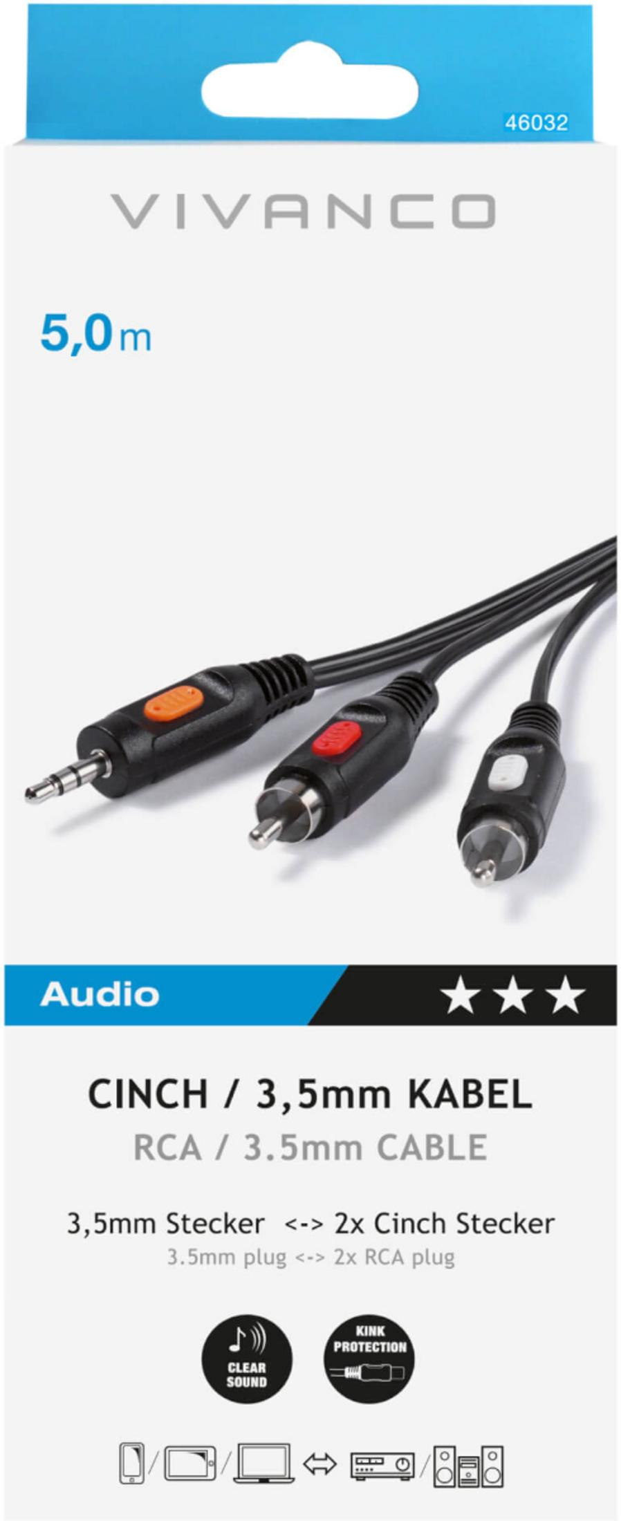 Cable de audio RCA a 3,5 mm de Vivanco en su empaque.