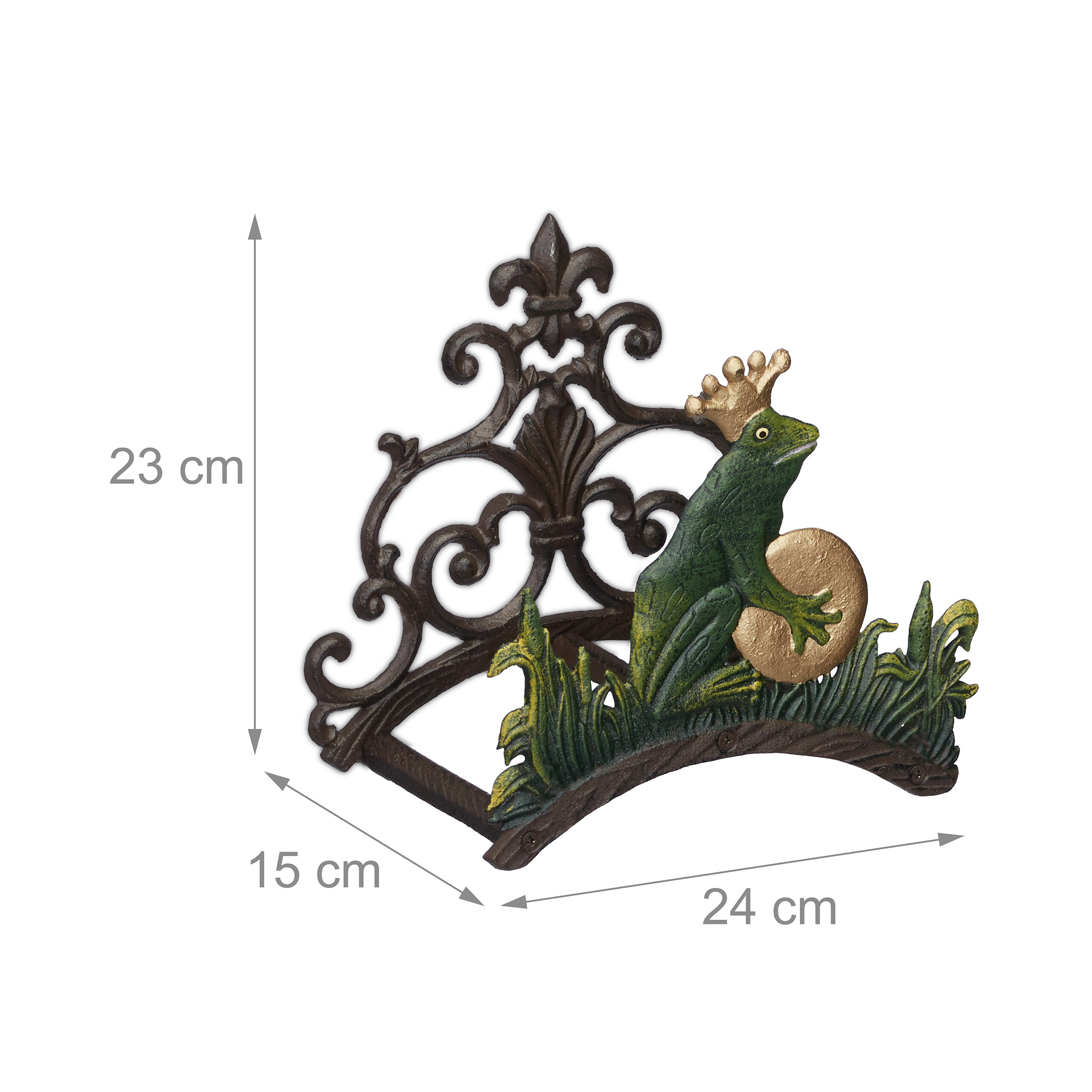 Verzierte gusseiserne Schlauchhalterung mit Froschkönig, Maße 23x24x15 cm.