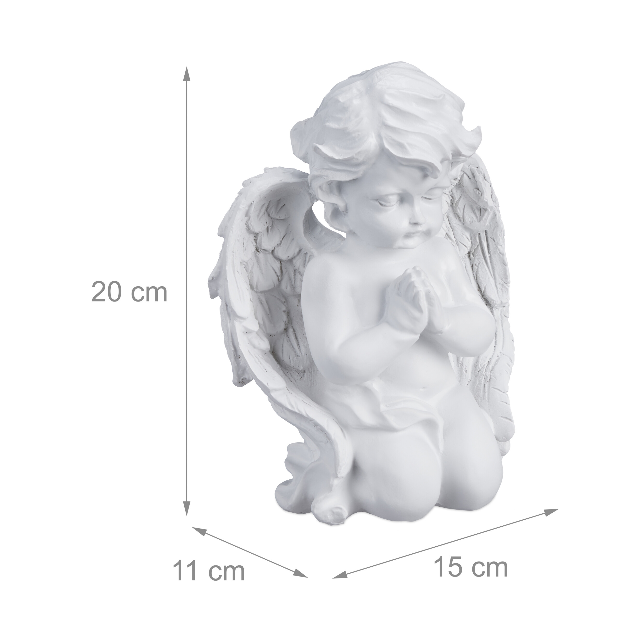 Weiße Engelfigur mit gefalteten Händen, 20 cm hoch, 15 cm breit und 11 cm tief.
