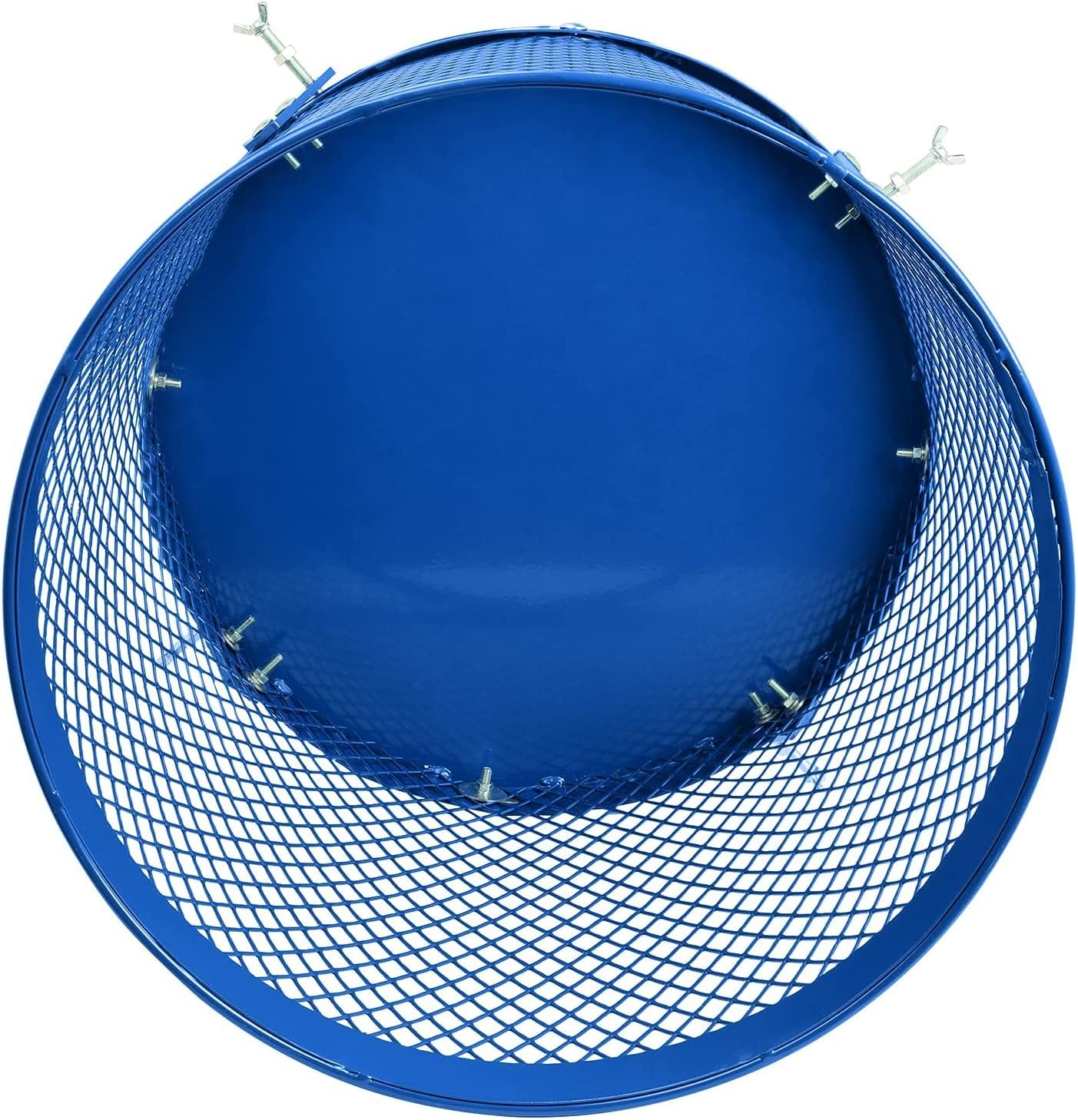 Blaue Metallnetztonne von oben mit sichtbarem Boden und Schrauben.