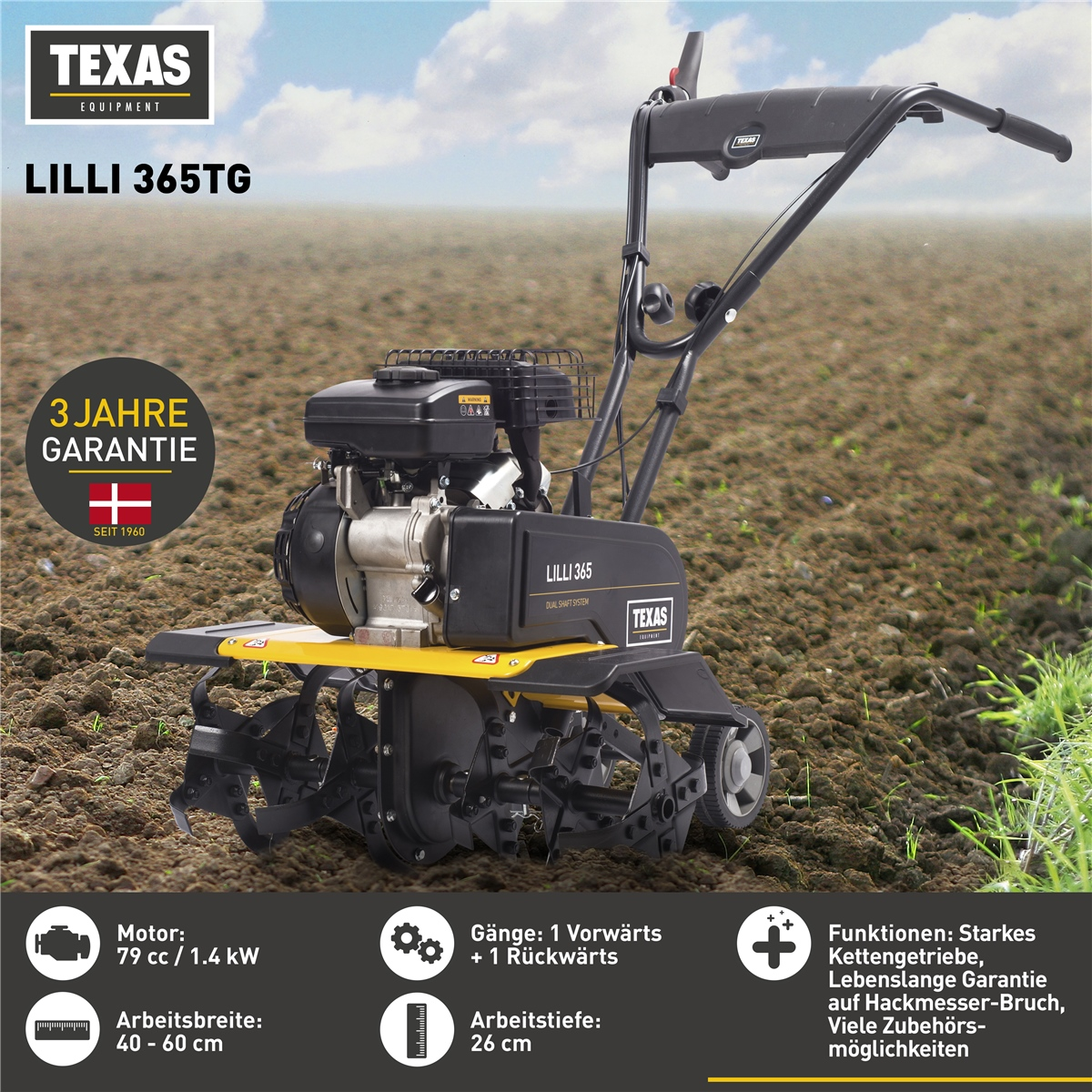 Schwarze Motorhacke Lilli 365TG von Texas auf einem Acker mit technischen Daten und Garantiesymbol.
