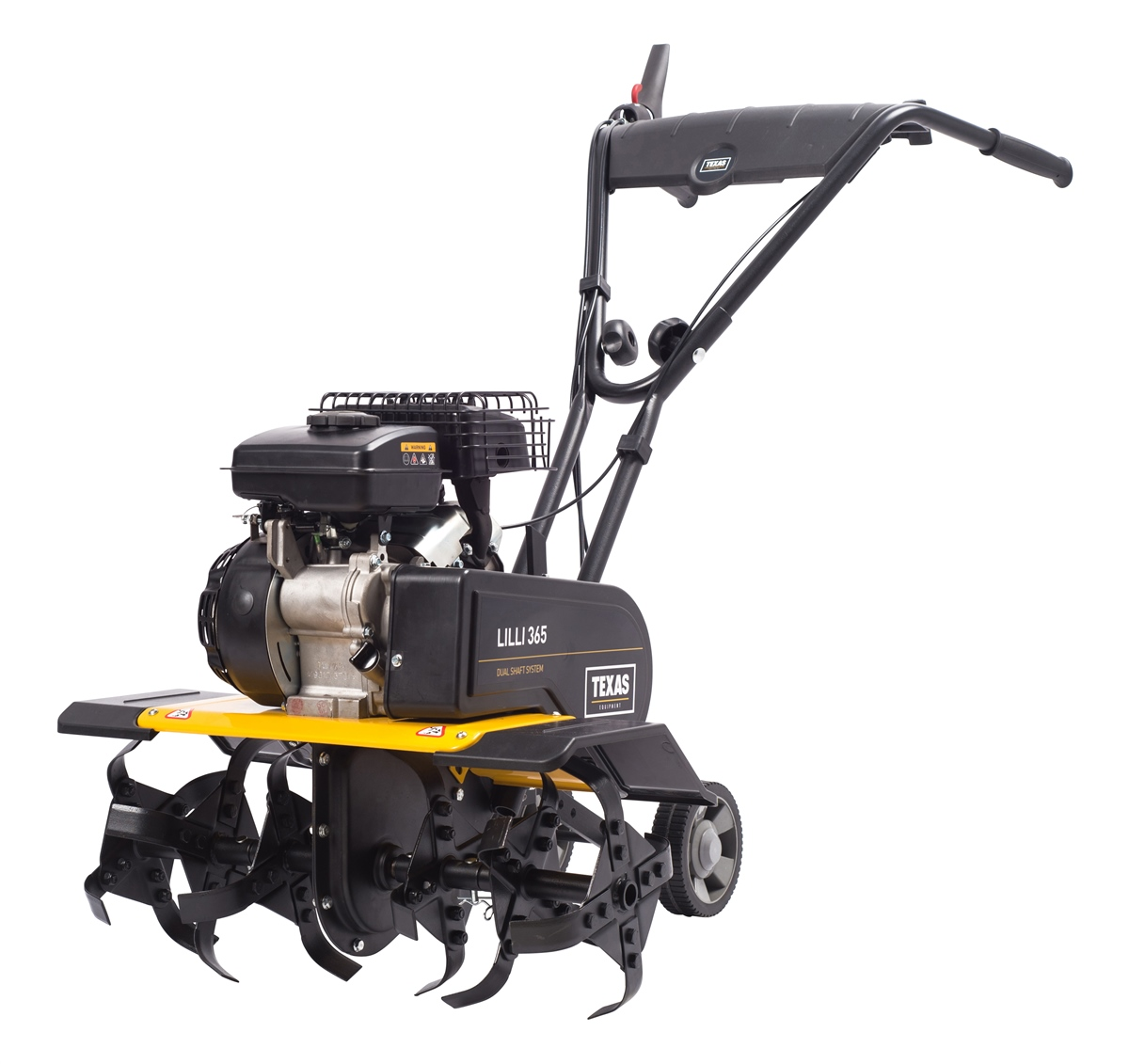 Eine schwarz-gelbe Gartenfräse Lilli 365 mit Motor, Lenker und Metallzinken vor weißem Hintergrund.