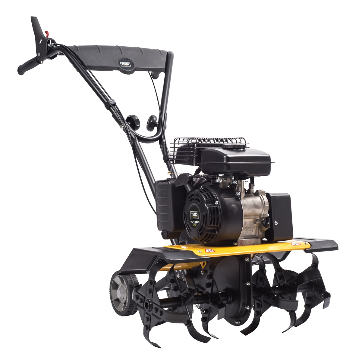 Gelb-schwarze Gartenfräse mit Benzinmotor, Lenker und rotierenden Messern auf weißem Hintergrund.