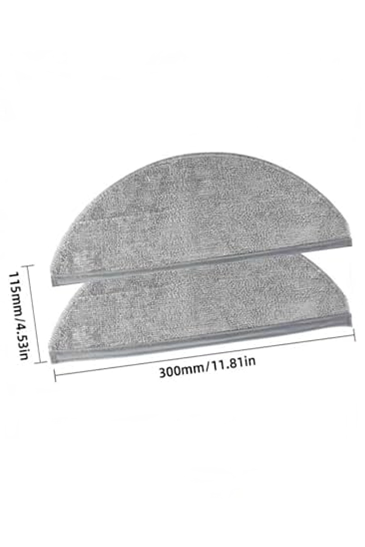 300 mm genişlik ve 115 mm yükseklik ölçülerine sahip iki gri, yarım daire paspas pedi.