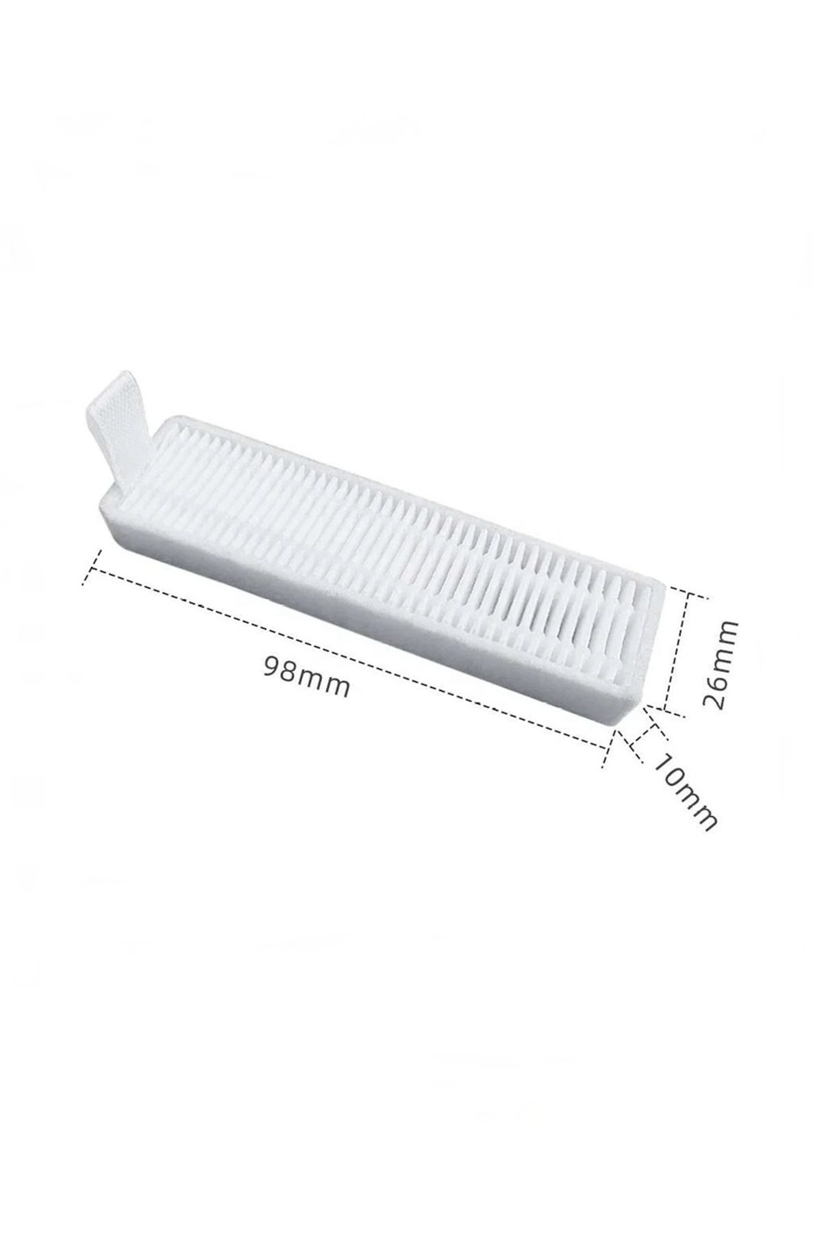 98mm x 26mm x 10mm boyutlarında beyaz, dikdörtgen şeklinde bir filtre.
