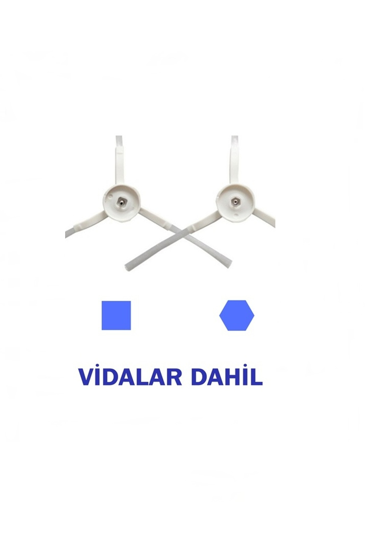 İki adet beyaz robot süpürge yan fırçası ve vidalar dahil yazısı.