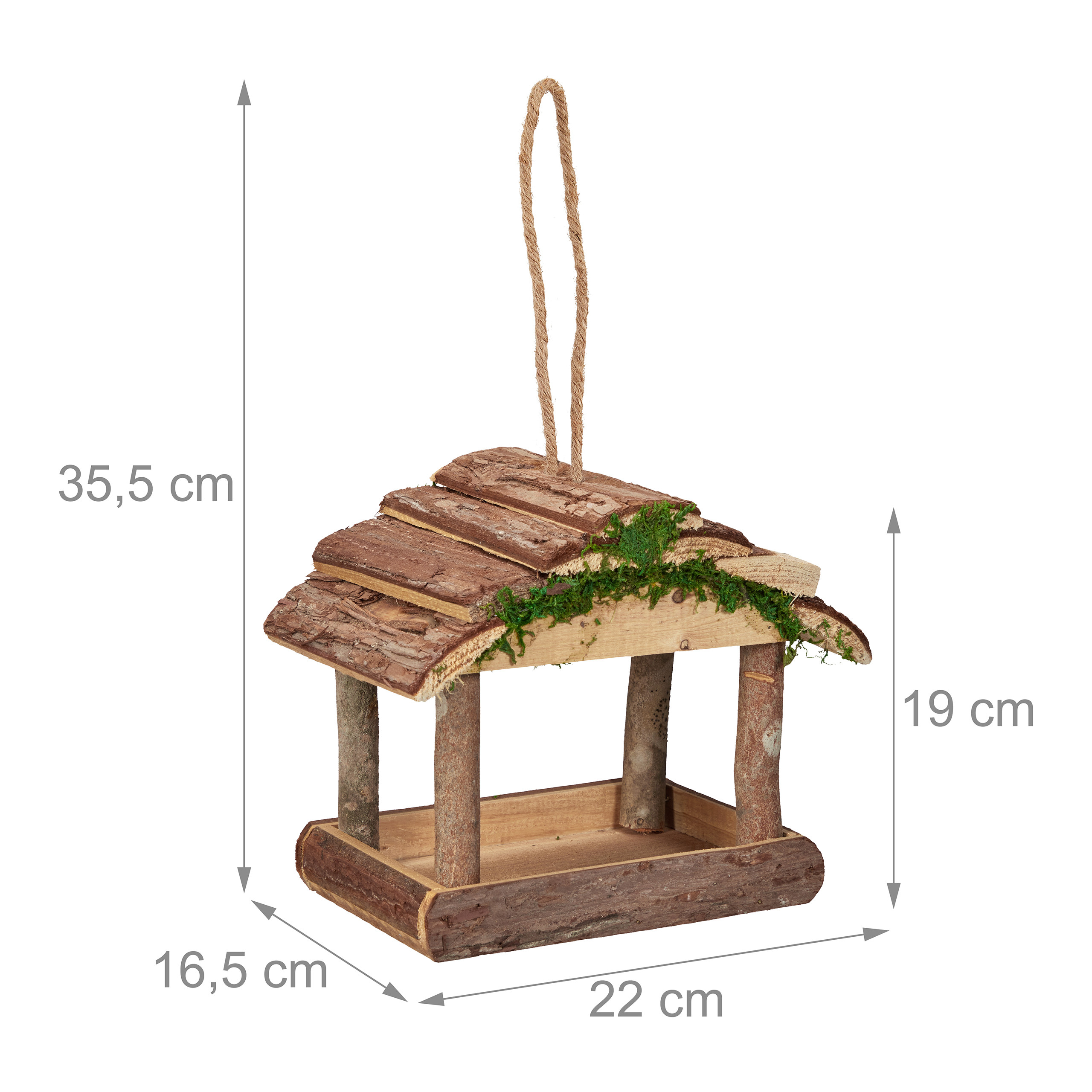 Holz-Vogelfutterhaus mit Moos und Seil zum Aufhängen, mit Maßangaben.