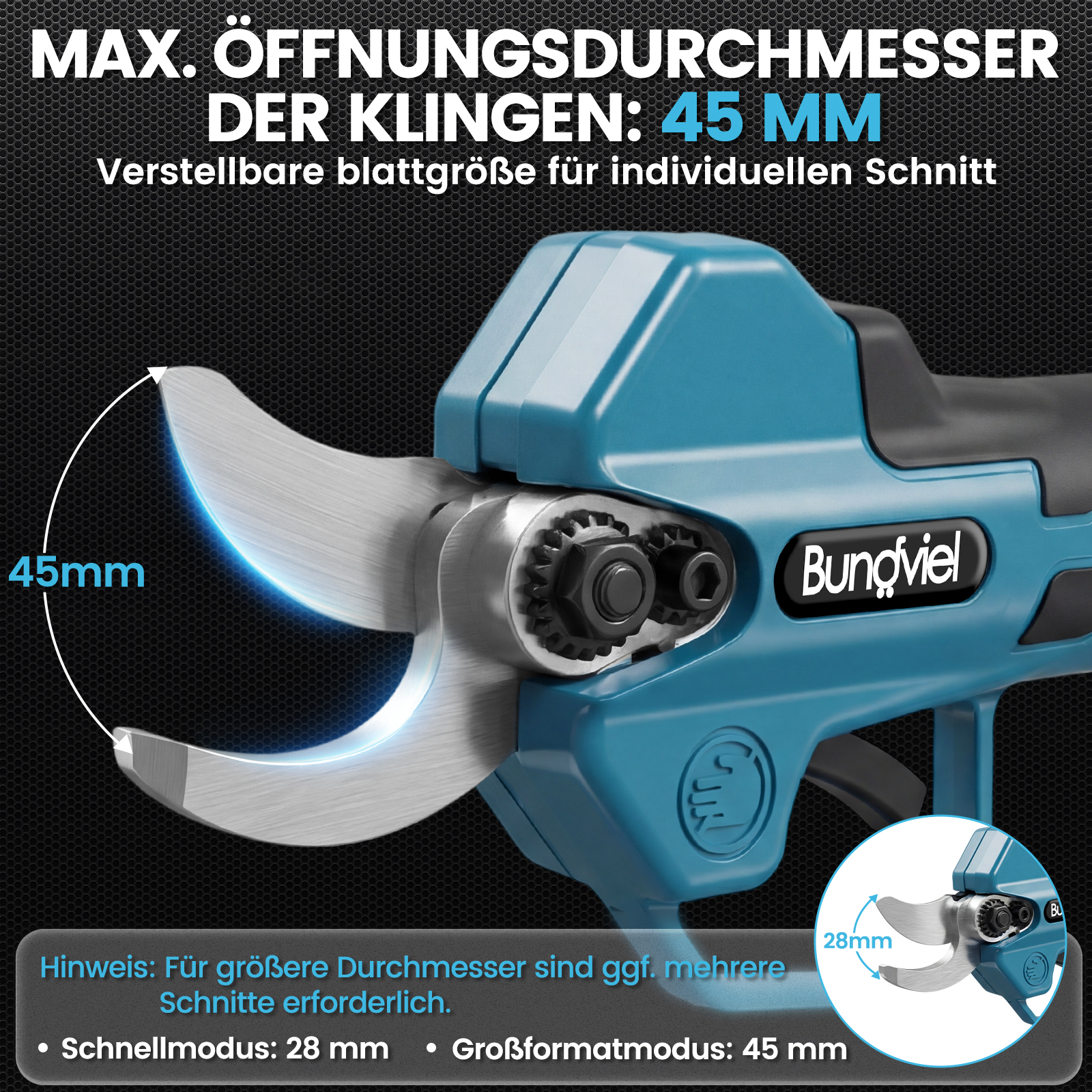 Eine blaue elektrische Astschere mit Stahlklingen, 45mm max. Öffnung und 28mm Schnellmodus-Einsatz.