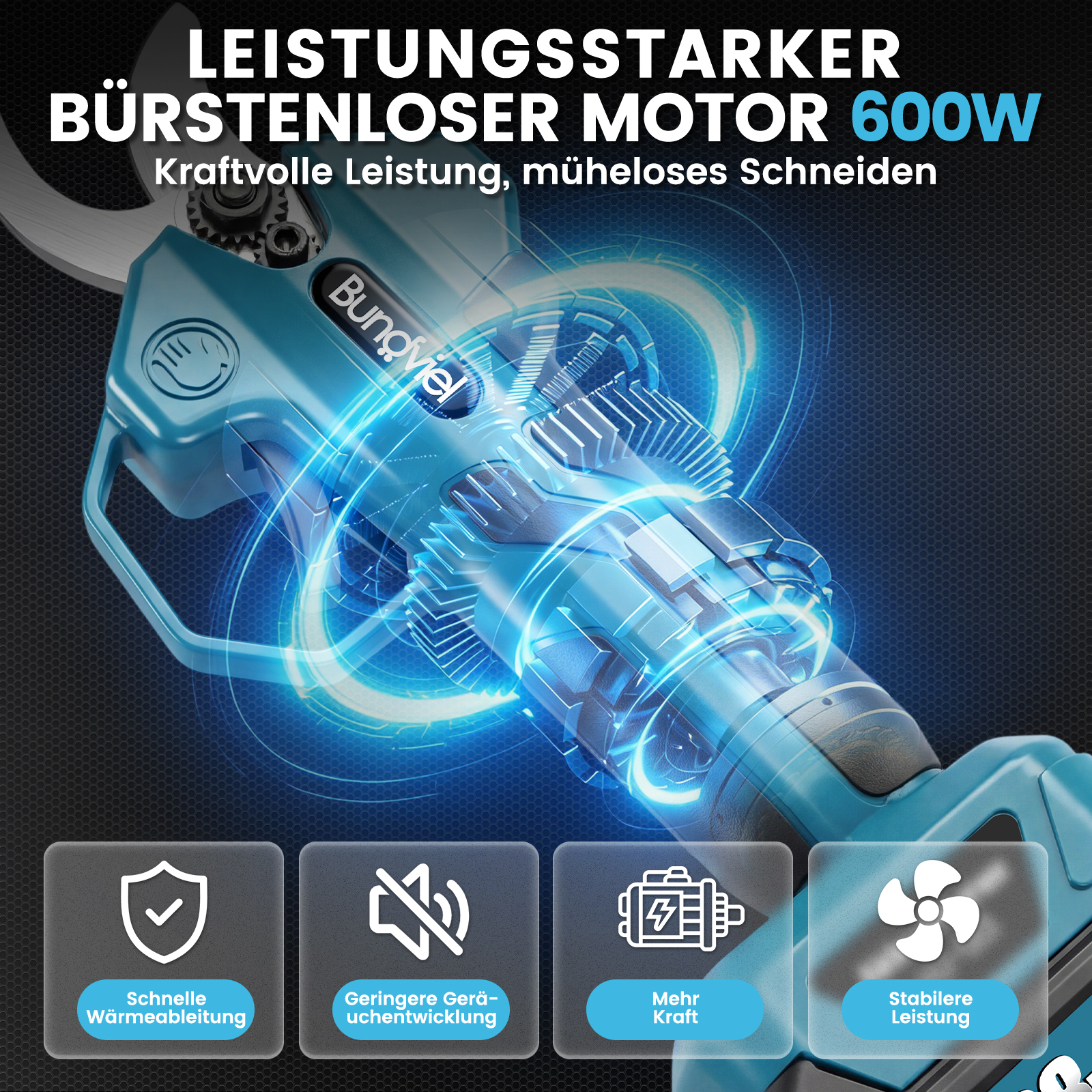 Starke blaue Gartenschere mit 600W Motor, Hitzeschutz, leiserem Betrieb und hoher Kraft.