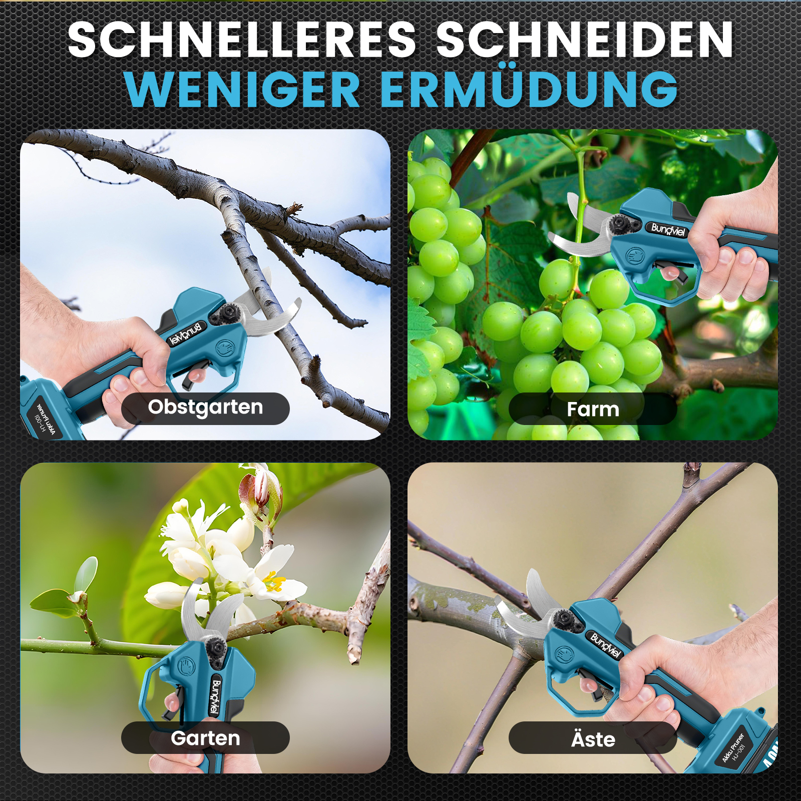 Vier Bilder zeigen eine blaue Akku-Gartenschere beim Schneiden von Ästen, Trauben, Blumen und im Obstgarten.