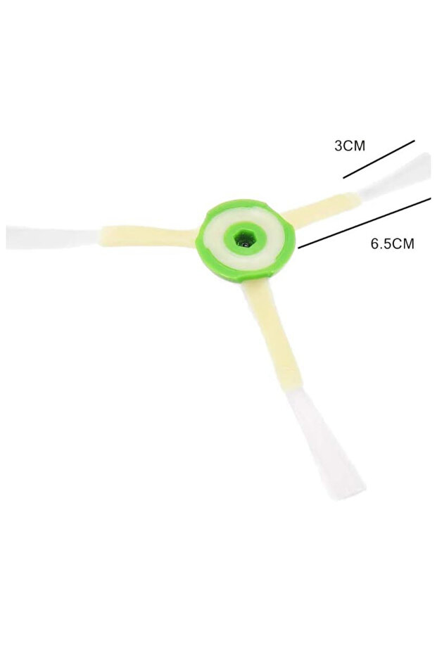 Beyaz arka planda 3 cm ve 6.5 cm boyut etiketlerine sahip üç kollu yeşil ve beyaz robot süpürge yan fırçası.