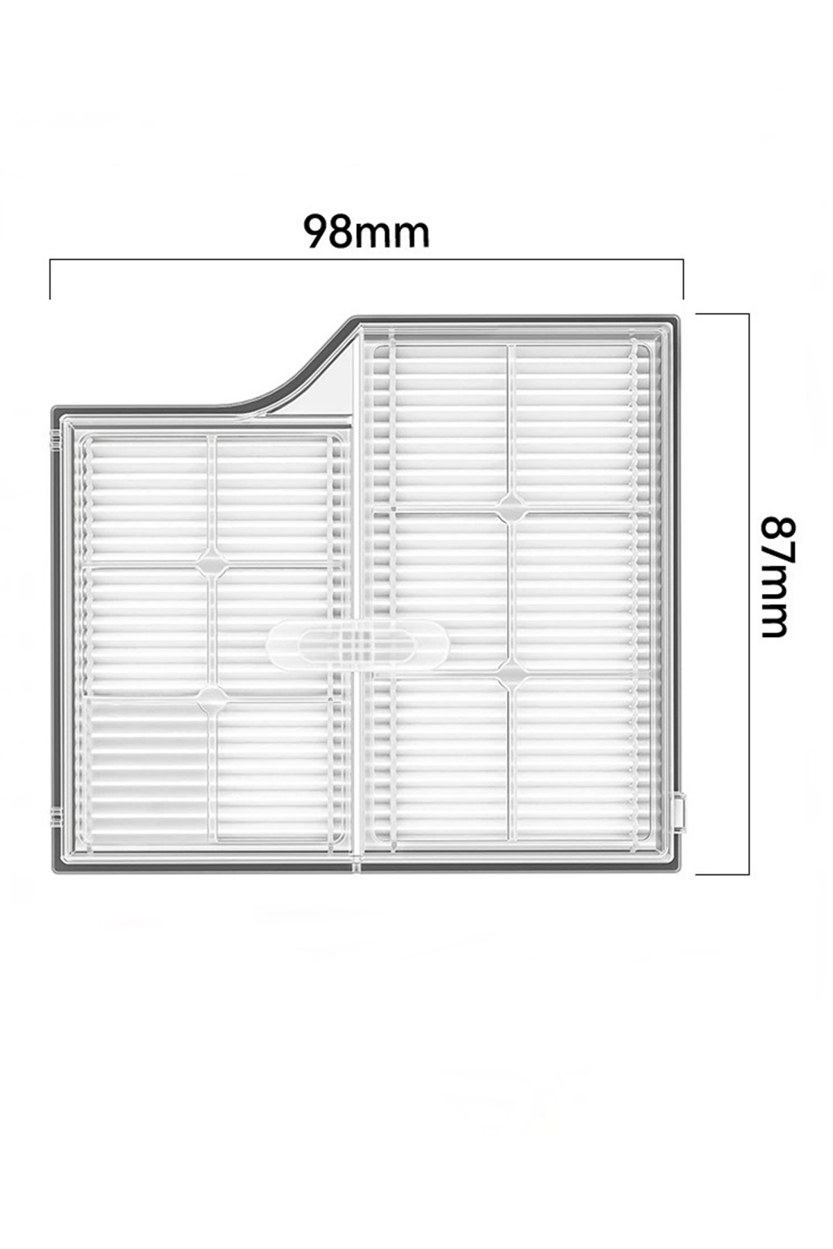 98 mm genişliğinde ve 87 mm yüksekliğinde bir elektrikli süpürge filtresinin teknik resmi.