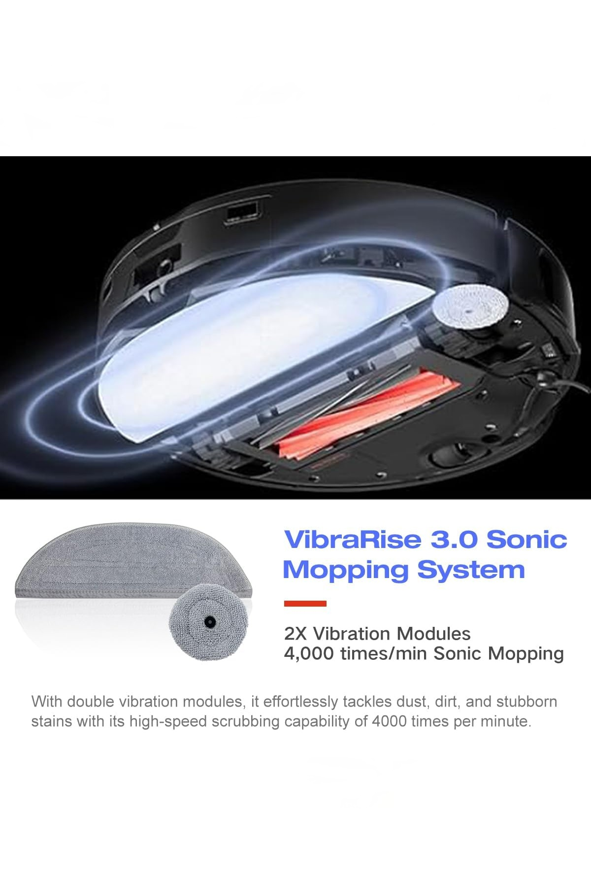 VibraRise 3.0 Sonik Paspaslama Sistemi ve titreşim modüllerini açıklayan metinli bir robot süpürgenin alt görünümü.