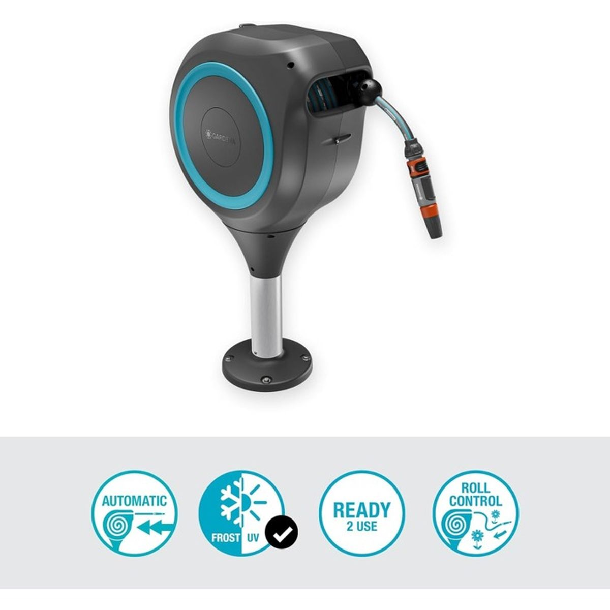 Ein schwarzer und blauer Gartenschlauch-Aufroller auf einem Ständer, mit vier Icons darunter für Automatik, Frost, Ready und Roll Control.