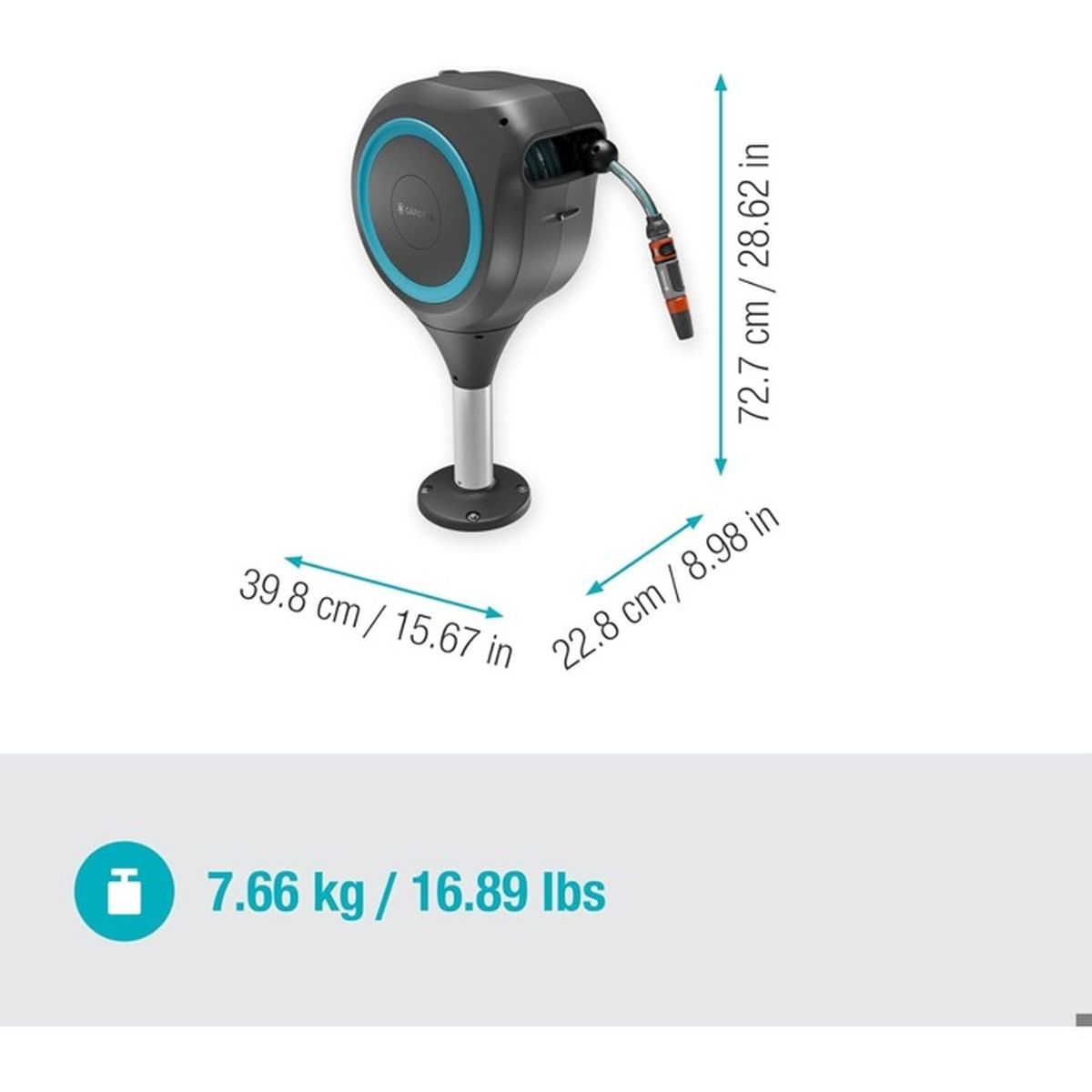 Grau-türkise Schlauchbox auf einem Standfuss mit Massangaben und Gewicht von 7.66 kg.