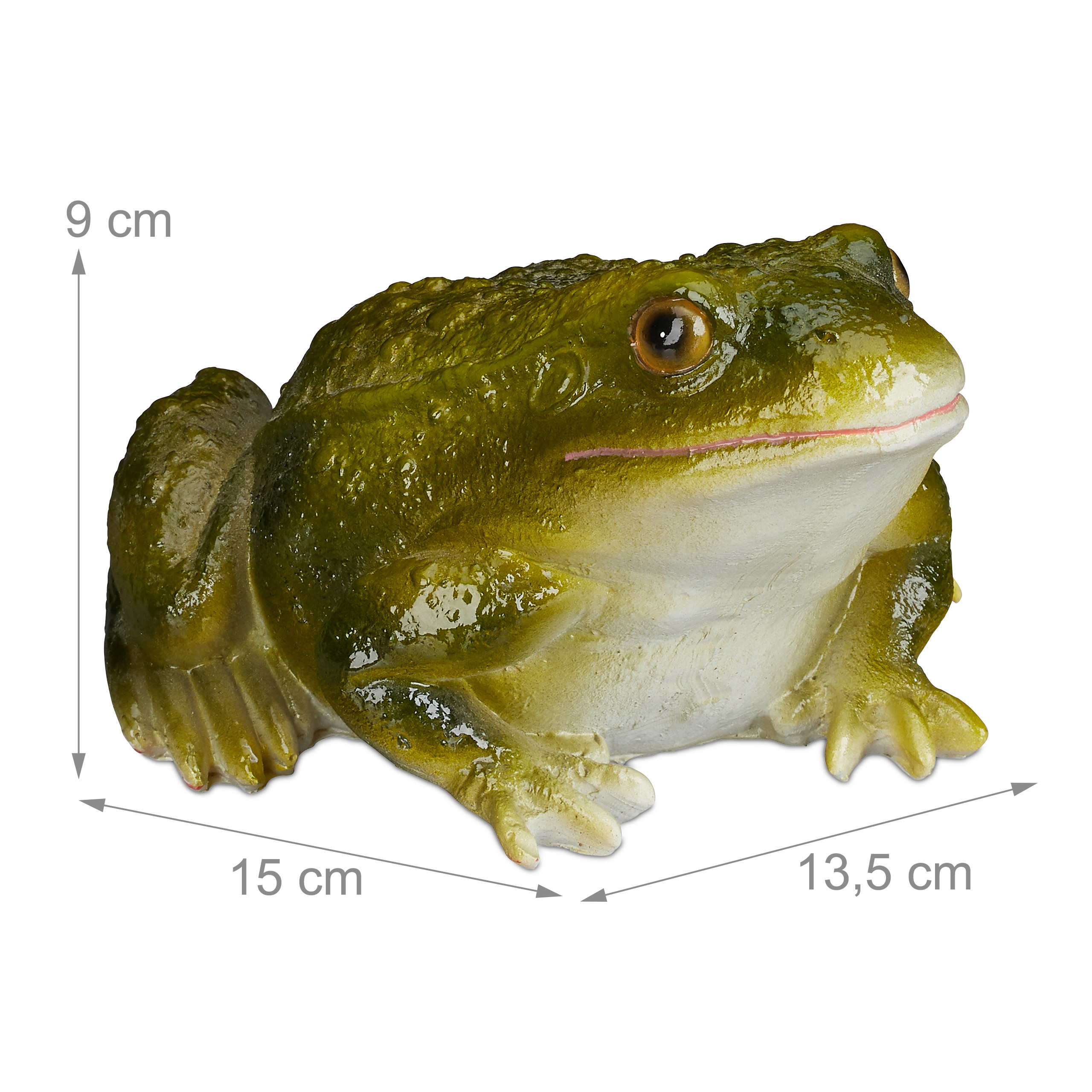 Eine grüne Frosch-Gartenfigur mit Maßangaben von 9x15x13,5 cm.