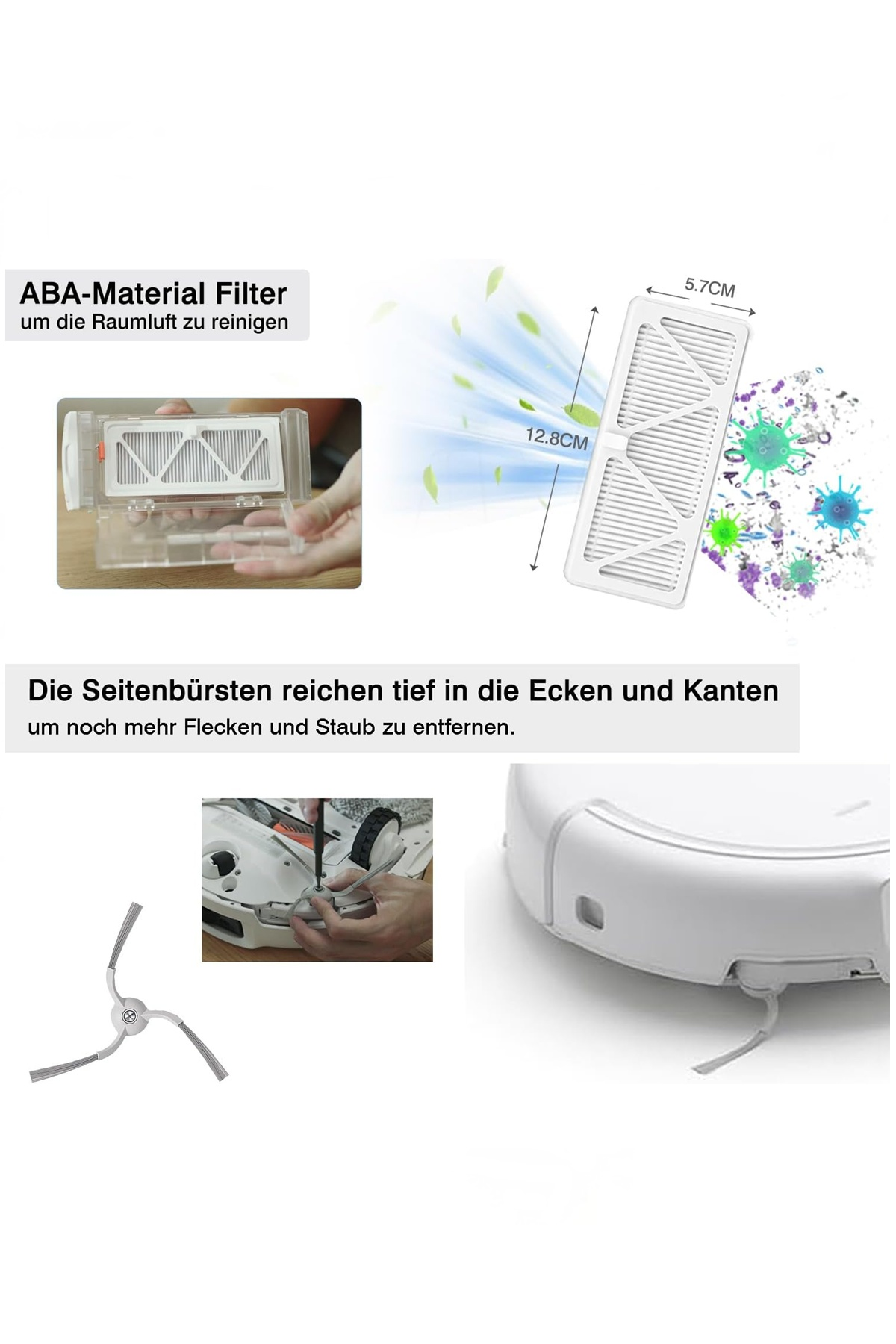Diyagram, boyutlar ve Almanca açıklama ile elektrikli süpürge için ABA malzeme filtresi ve yan fırçaları gösterir.