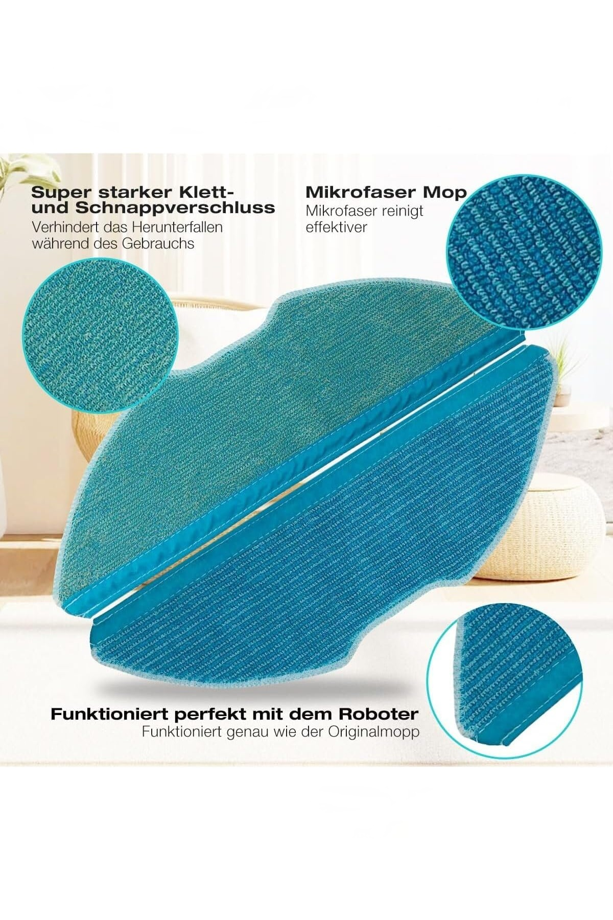 Cırt cırtlı kapatmaya ve malzeme detaylarını gösteren yakın çekim dairelere sahip turkuaz mikrofiber robot paspası.