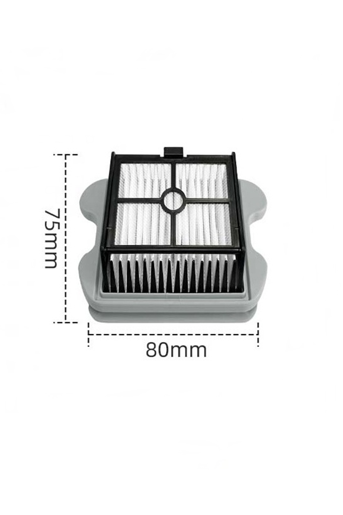 Beyaz arka planda 75mm x 80mm boyutlarında, gri ve siyah renkli dikdörtgen süpürge filtresi.