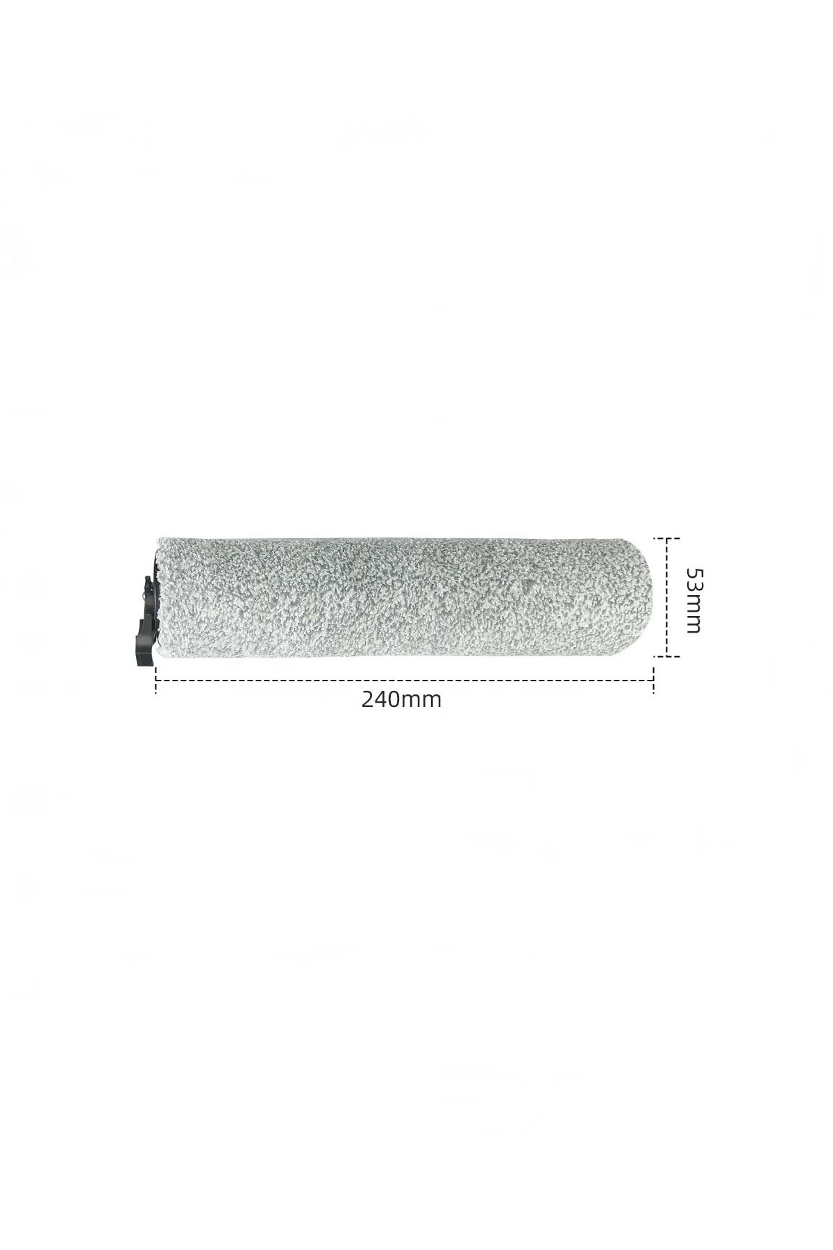Beyaz arka planda 240mm uzunluğunda ve 53mm genişliğinde tüylü gri silindir.