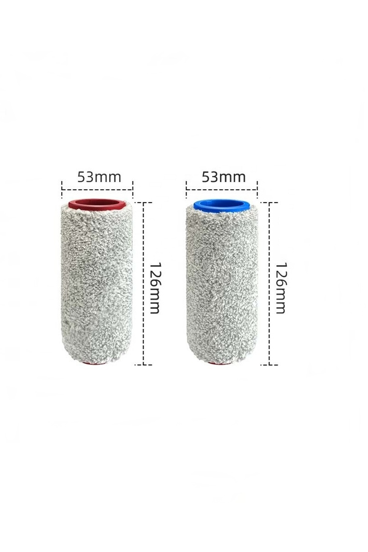 Boyutları 53 mm genişlik ve 126 mm yükseklik olan, biri kırmızı diğeri mavi kenarlı iki tüylü boya rulosu.