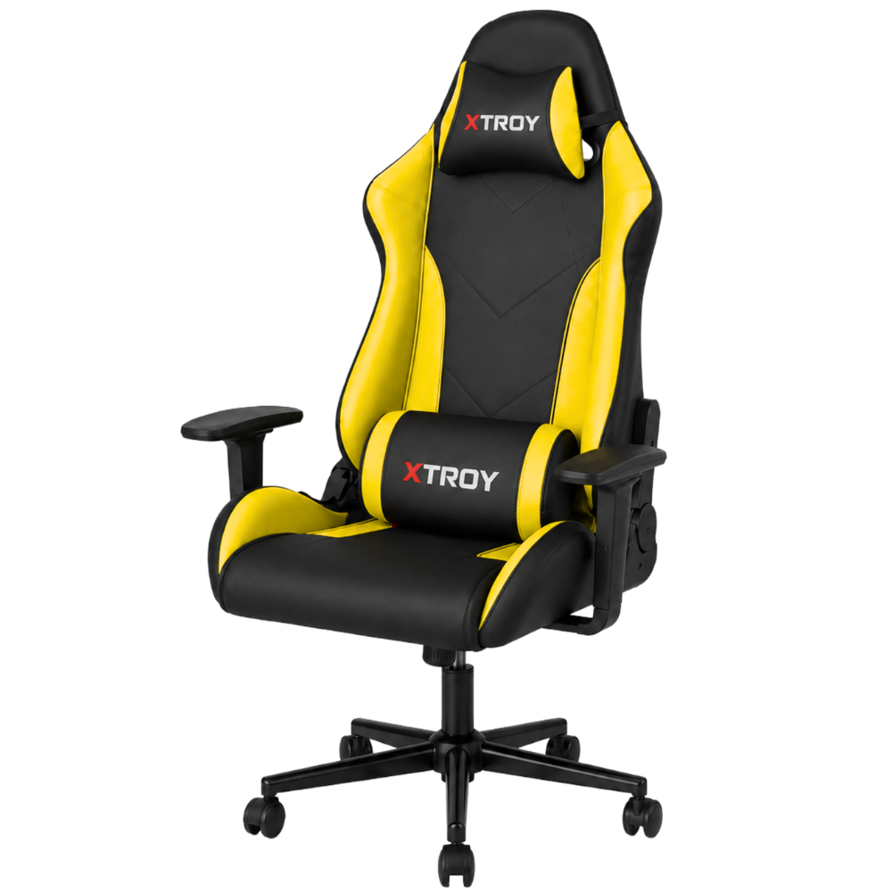 Beyaz arka planda tekerlekli ve yastıklı siyah ve sarı XTROY oyuncu koltuğu.