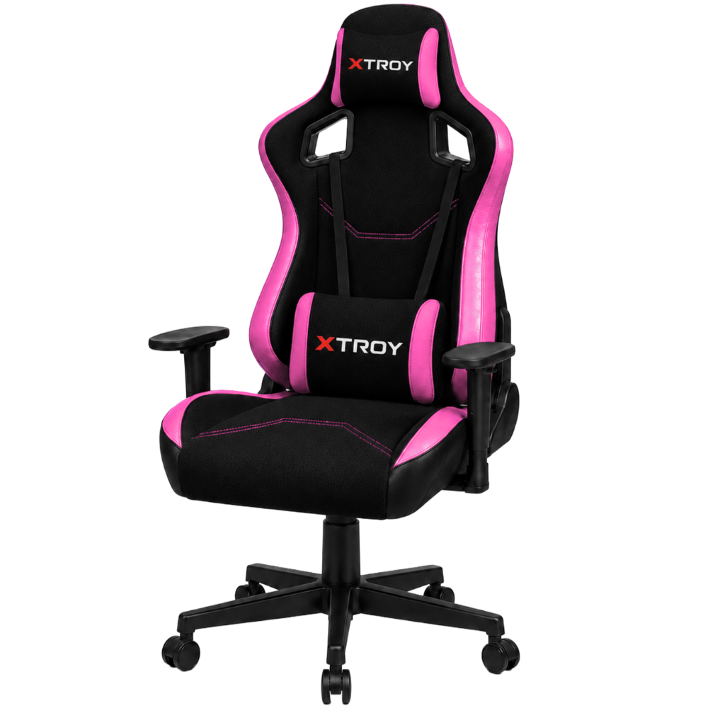 Tekerlekli ve yastıklı siyah ve pembe XTROY oyuncu koltuğu.