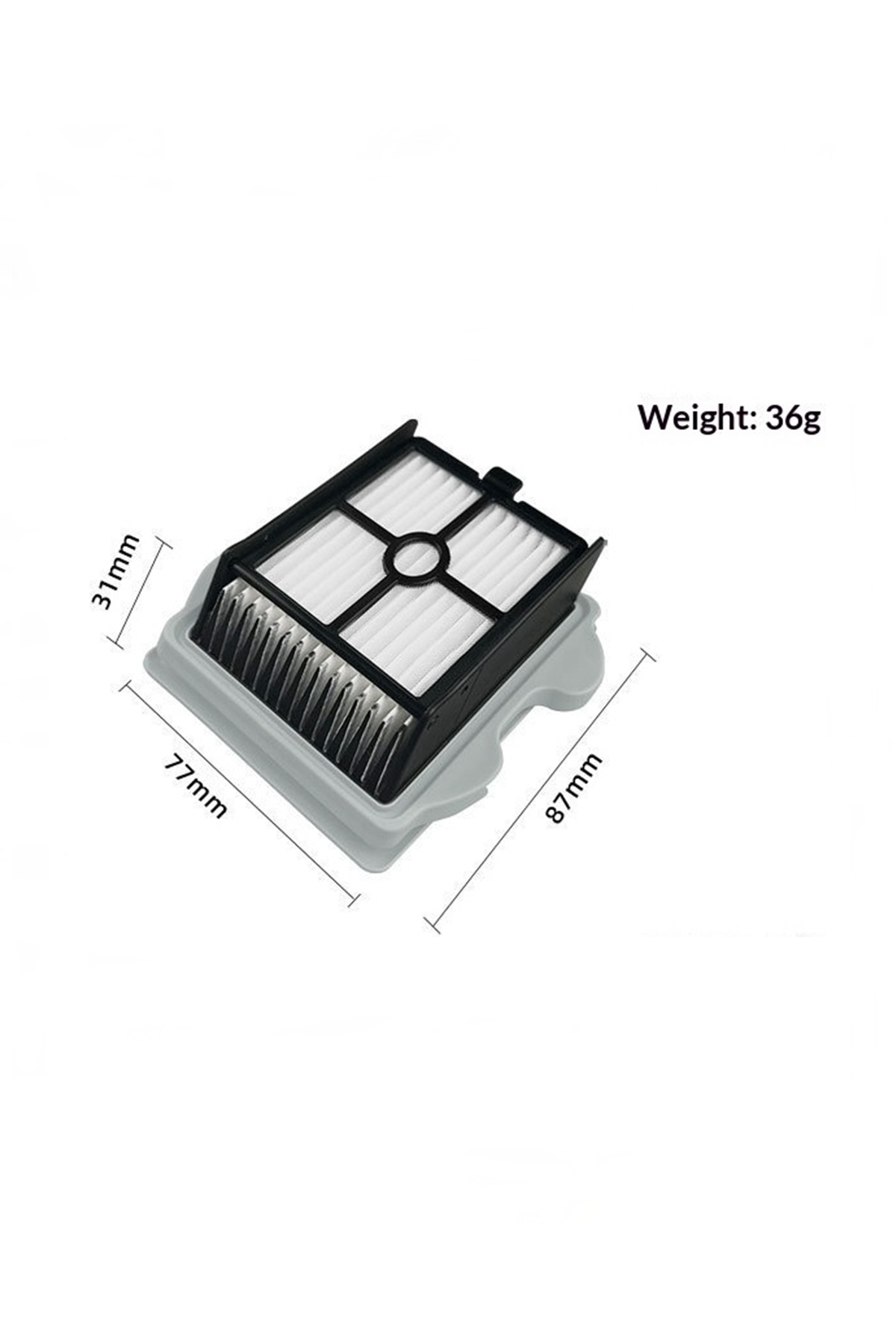 87x77x31 mm boyutlarında ve 36g ağırlığında siyah beyaz dikdörgen süpürge filtresi.