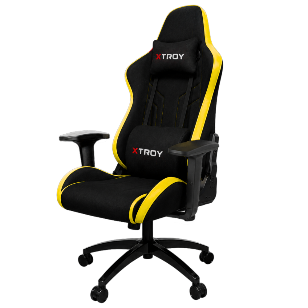 Siyah tekerlekli tabanlı, baş ve bel yastıklı siyah ve sarı XTROY oyuncu koltuğu.