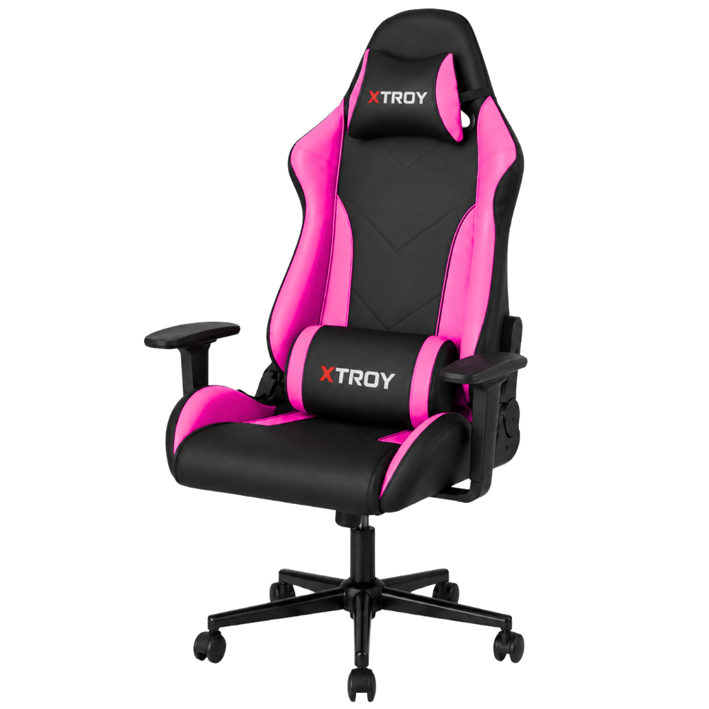 Beyaz arka planda tekerlekli siyah ve pembe XTROY oyuncu koltuğu.