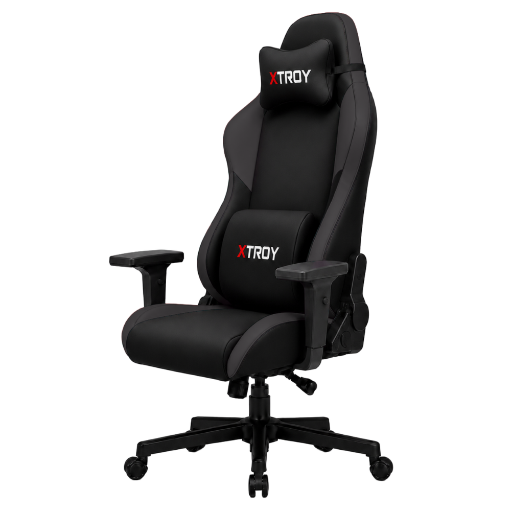 Beyaz arka planda baş ve bel yastıklı siyah bir XTROY oyuncu koltuğu.