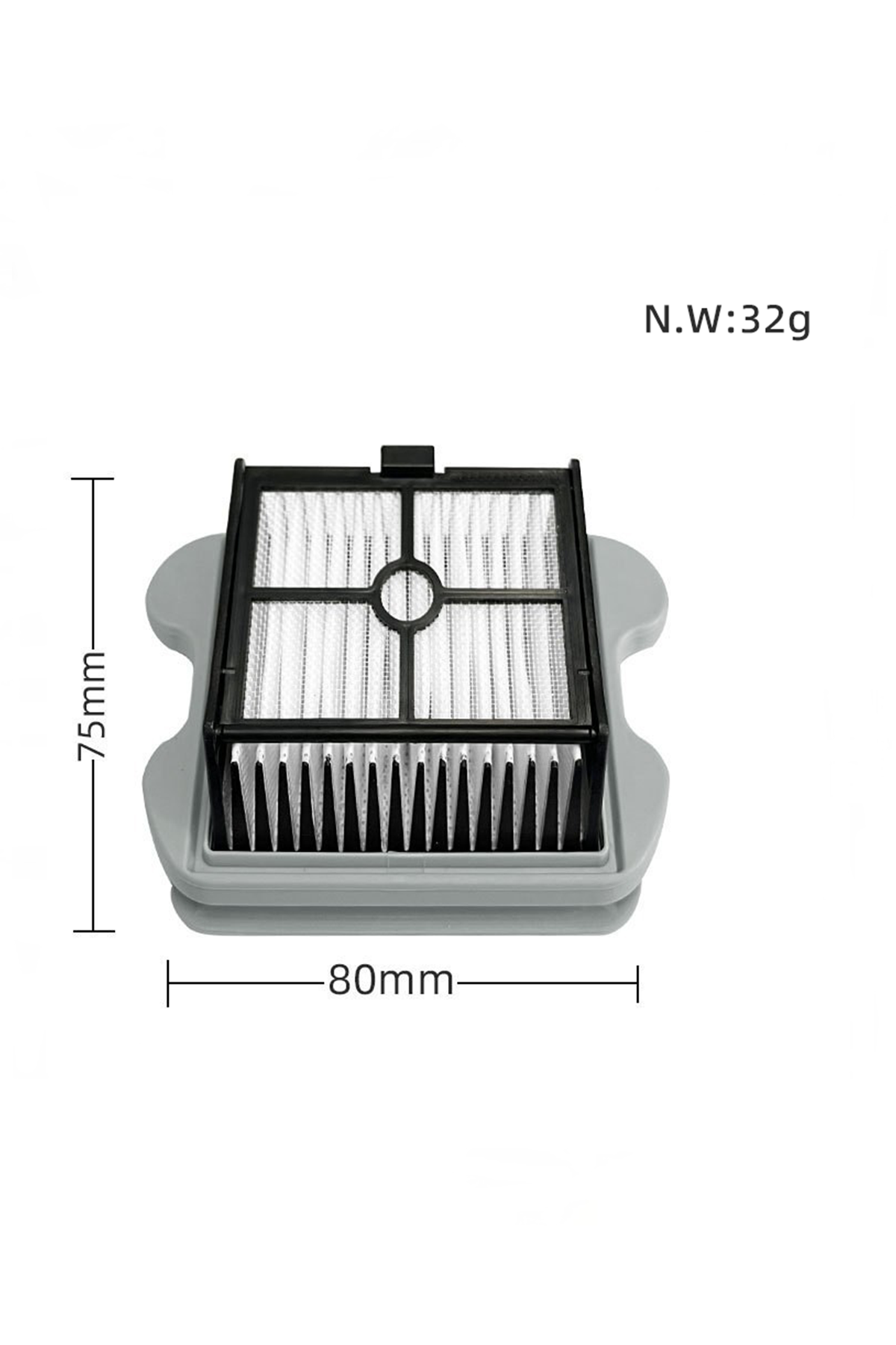 Gri tabanlı, 75 mm x 80 mm ölçülerinde dikdörtgen hava filtresi.