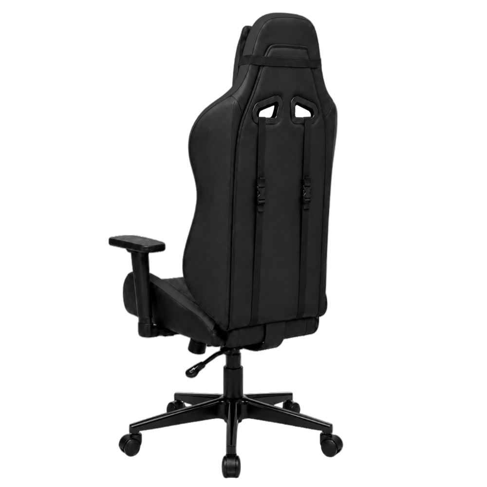 Tekerlekler üzerinde arkadan görünen siyah ergonomik oyuncu koltuğu.