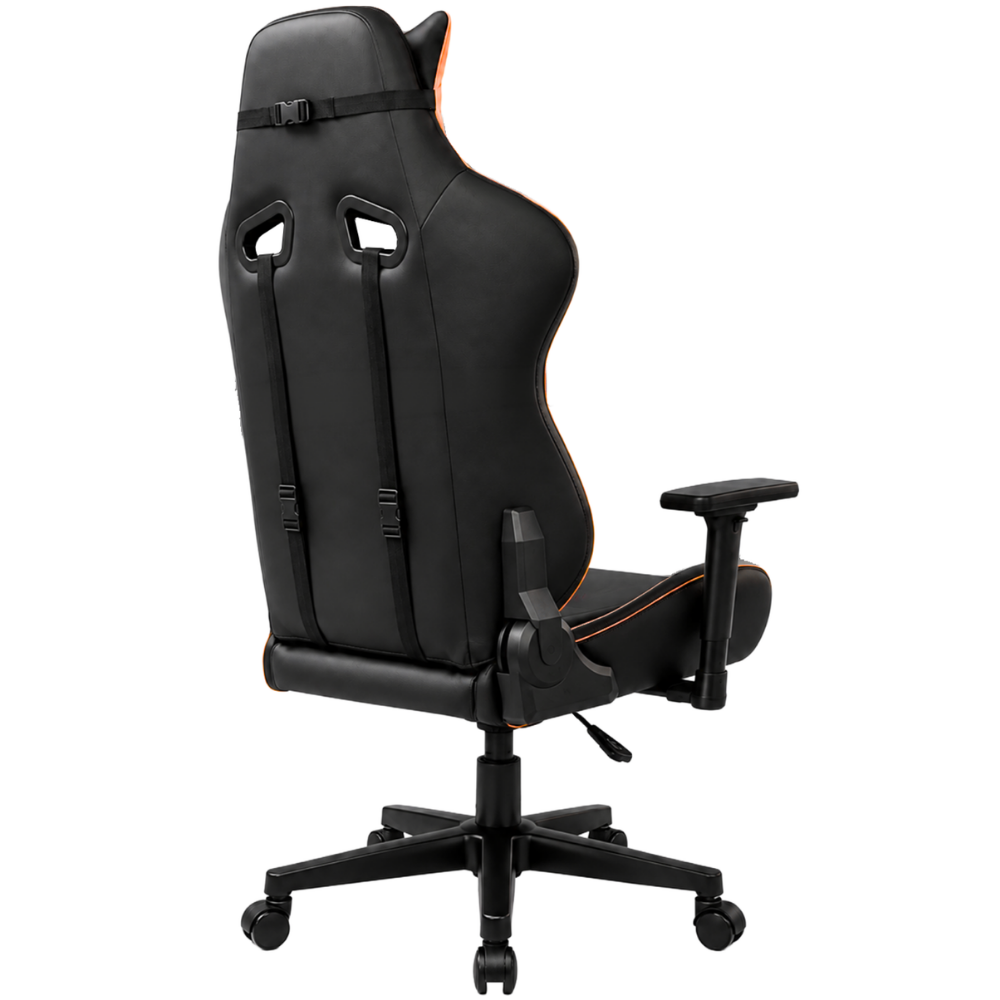 Turuncu şeritli ve tekerlekli siyah ergonomik oyuncu koltuğunun arka görünümü.