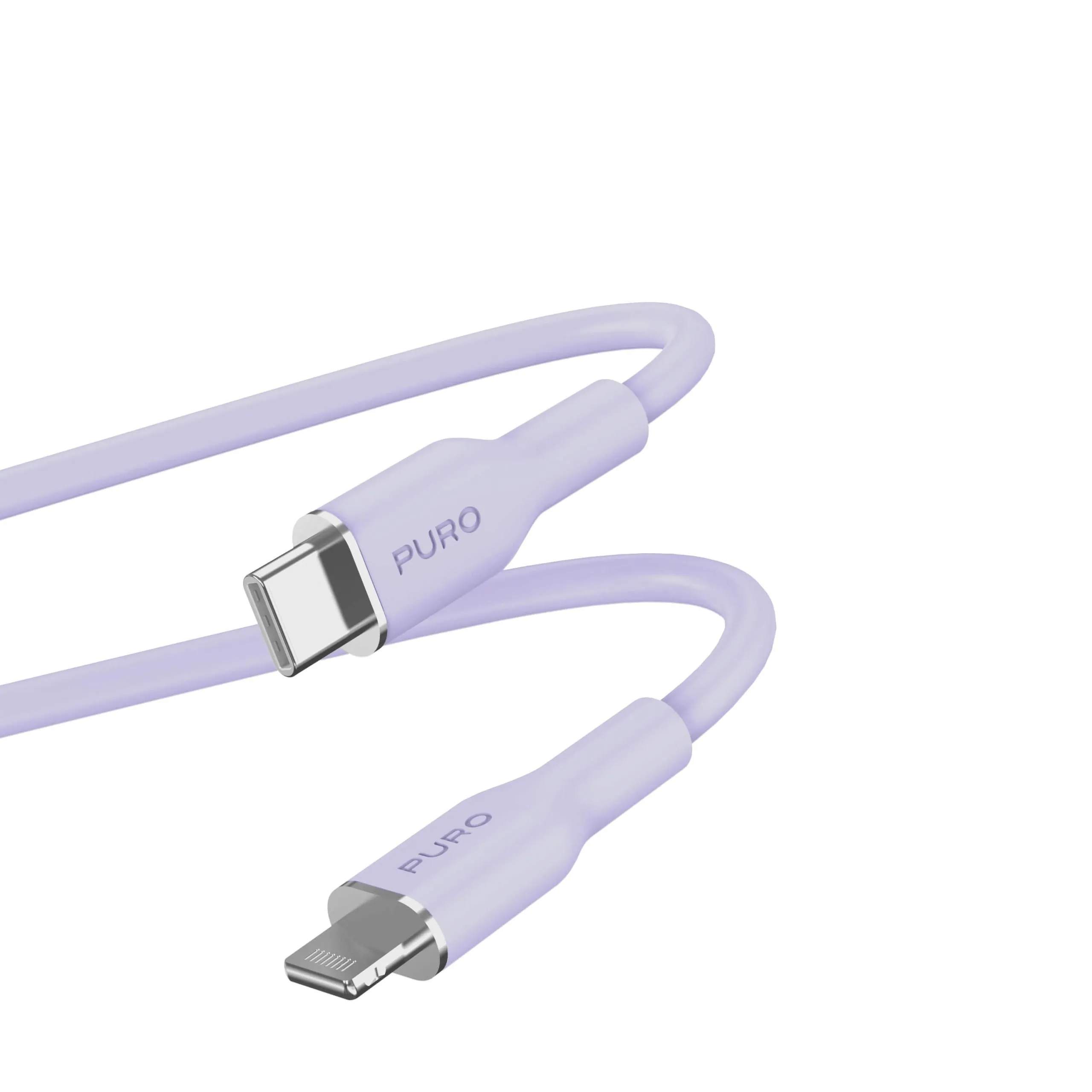 Un cavo da USB-C a Lightning viola chiaro con il logo Puro su sfondo bianco.