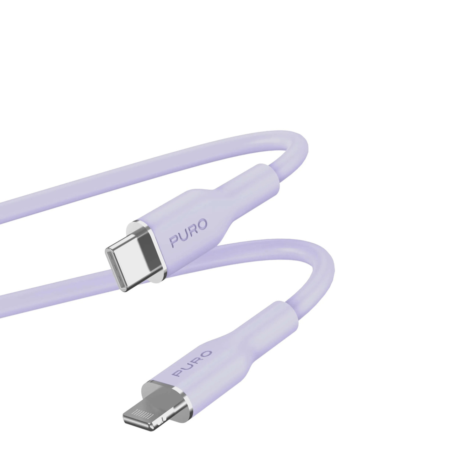 Un cavo di ricarica Puro viola chiaro con connettori USB-C e Lightning su sfondo bianco.