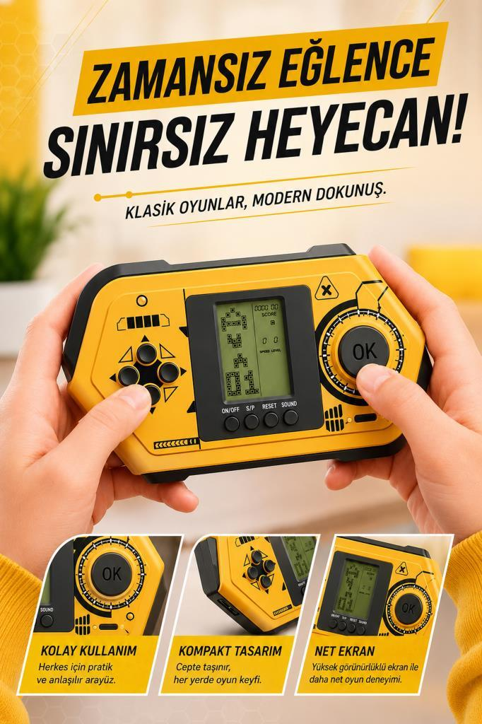 Bir kişi, dijital ekranlı ve tuşlu sarı renkli elde taşınabilir oyun konsolunu tutuyor, çevresinde tanıtım yazısı var.