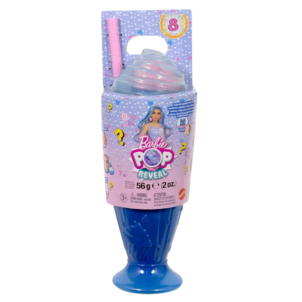 Giocattolo Barbie Pop Reveal in bicchiere viola con coperchio rosa e cannuccia, con grafica di bambola.