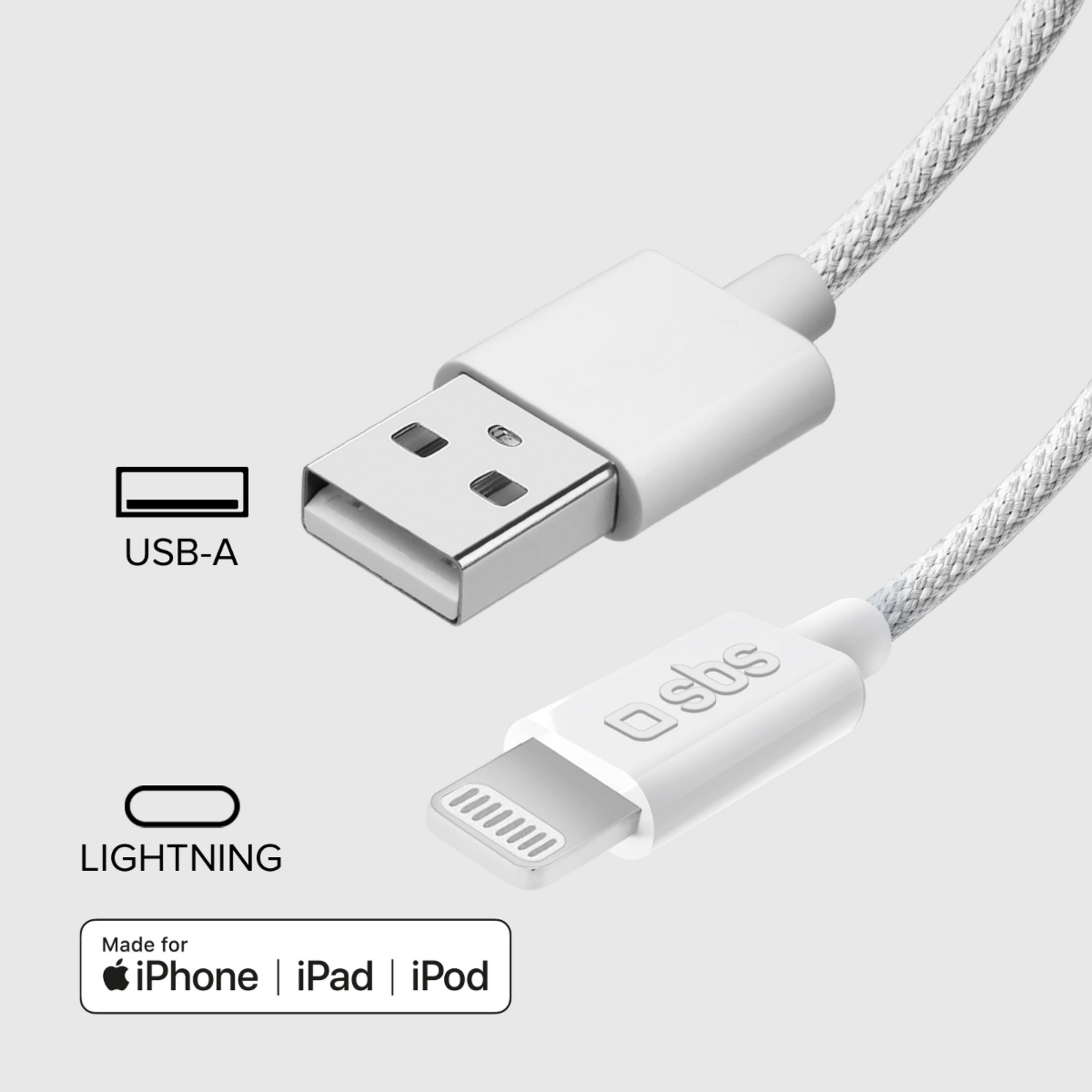Un cable blanco de USB-A a Lightning sobre fondo gris con iconos correspondientes.