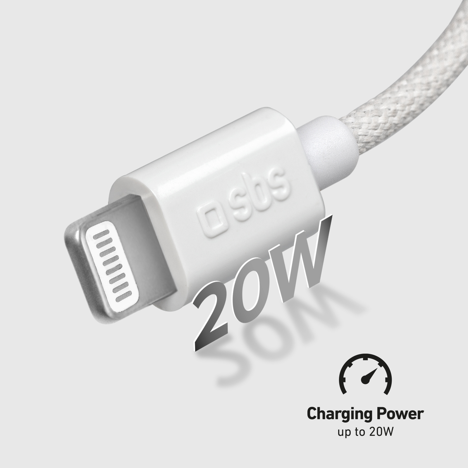 Primer plano de un cable de carga Lightning blanco de 20W sobre fondo gris con icono de velocímetro.